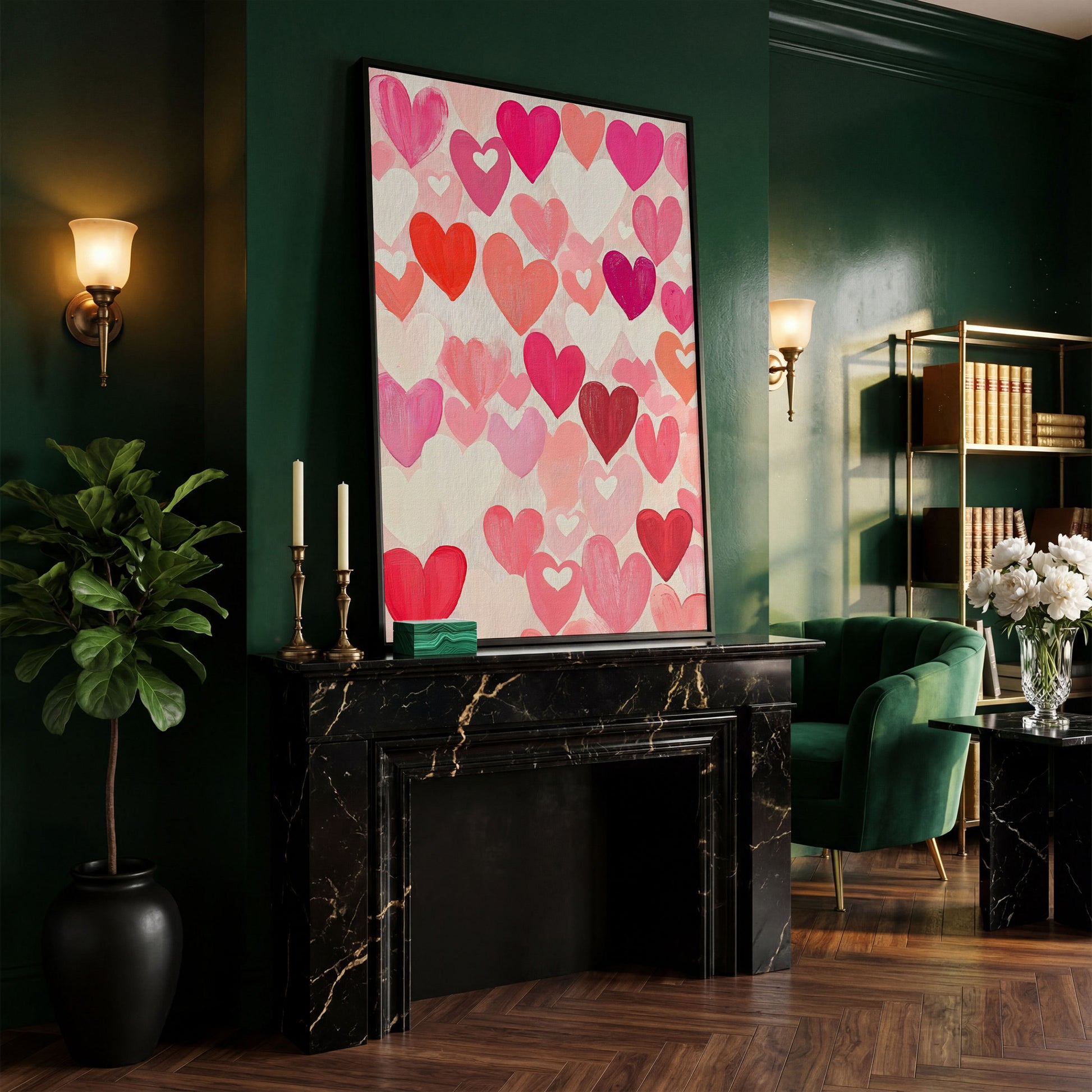 Pink Hearts Canvas - Romantic Wall Art for Bedrooms in black floating frame