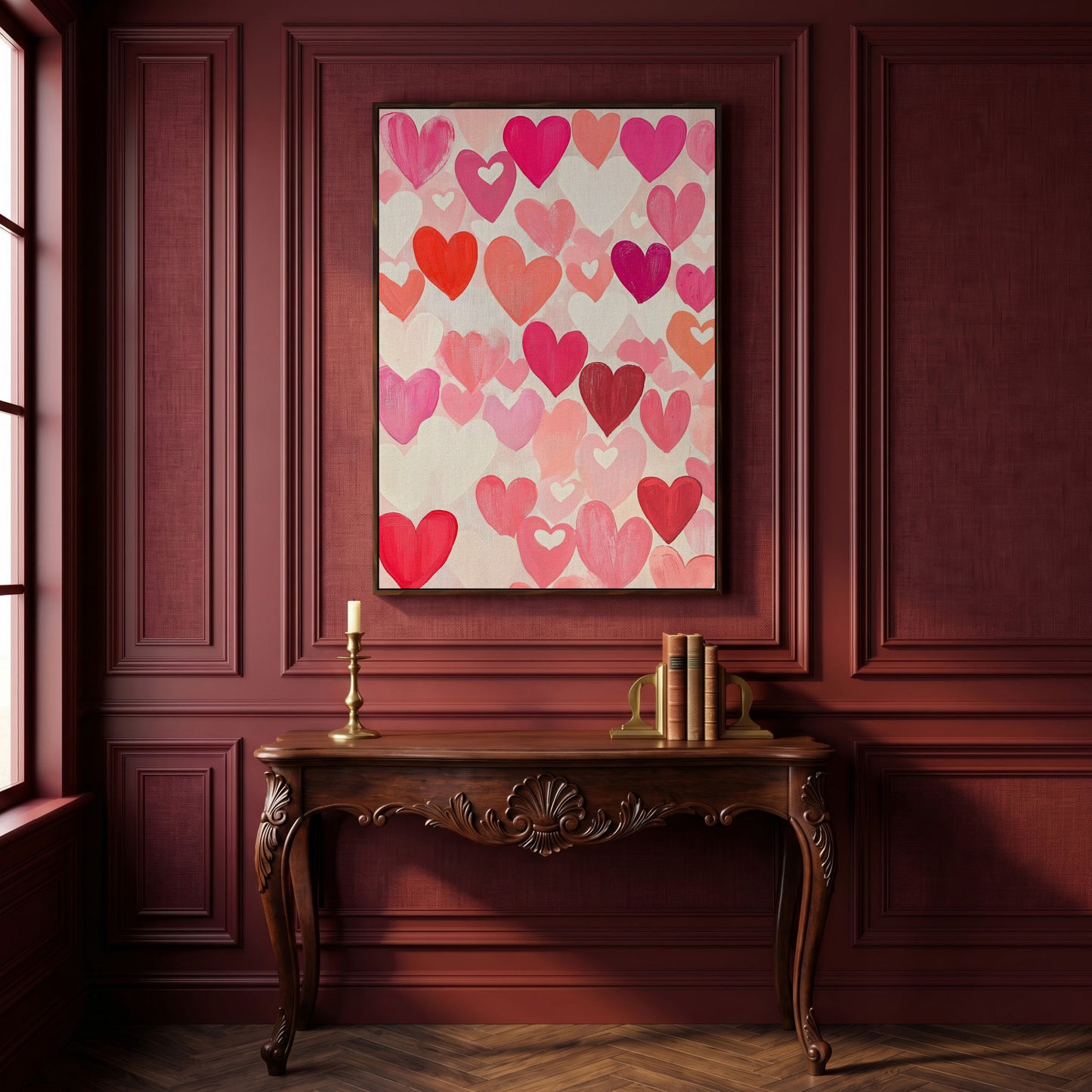 Pink Hearts Canvas - Romantic Wall Art for Bedrooms in dark walnut floating frame