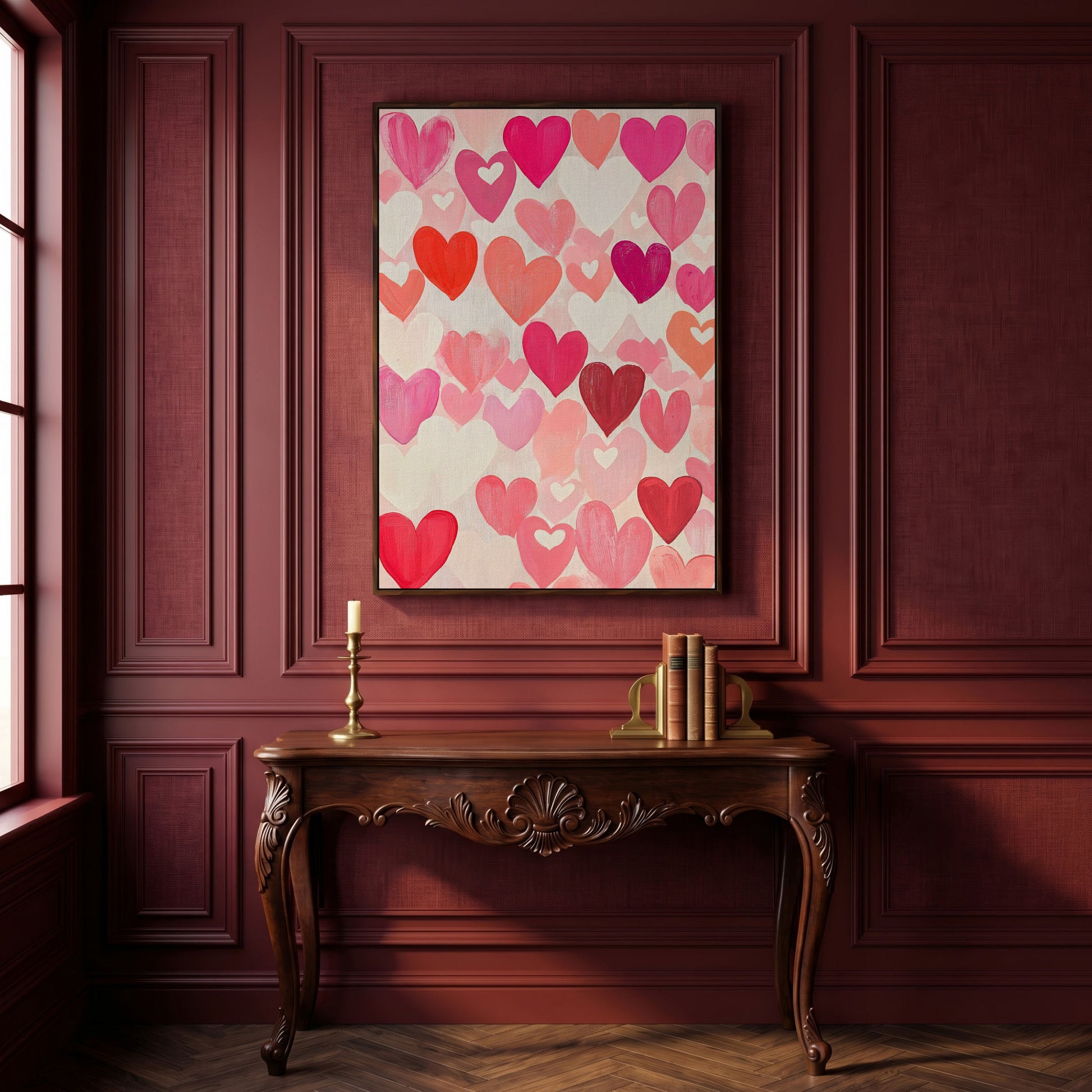 Pink Hearts Canvas - Romantic Wall Art for Bedrooms in dark walnut floating frame