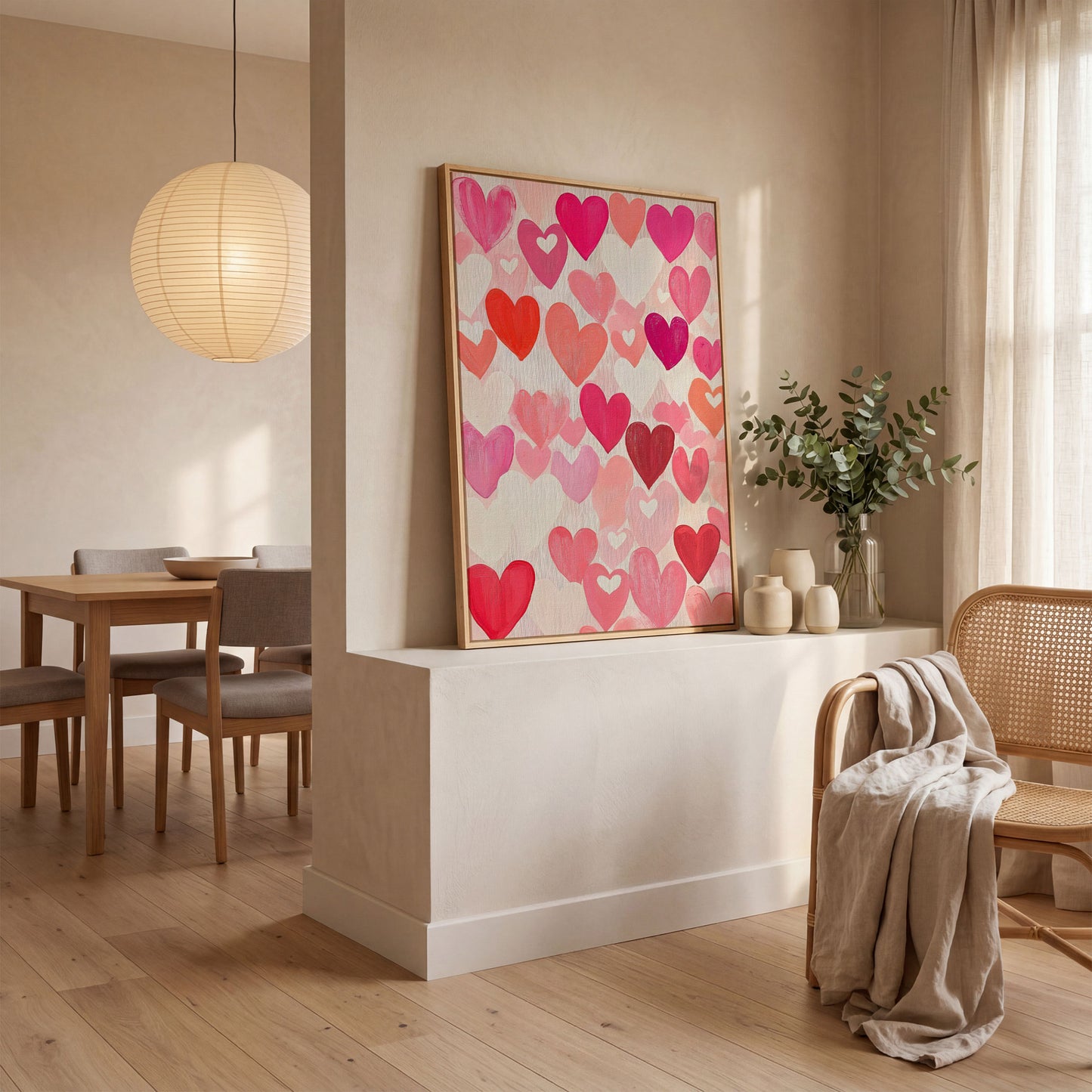 Pink Hearts Canvas - Romantic Wall Art for Bedrooms in white oak floating frame