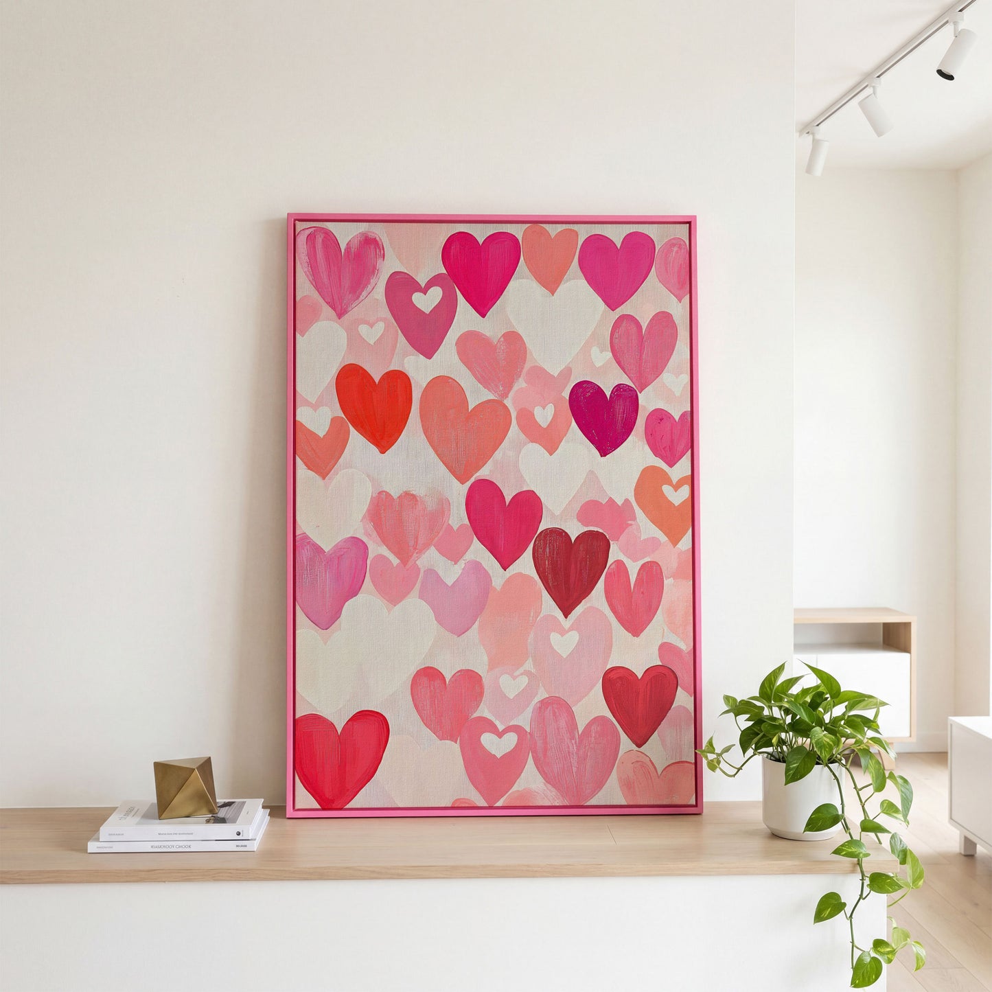Pink Hearts Canvas - Romantic Wall Art for Bedrooms in pink floating frame