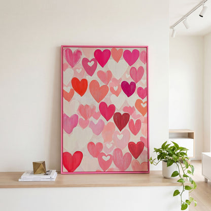 Pink Hearts Canvas - Romantic Wall Art for Bedrooms in pink floating frame