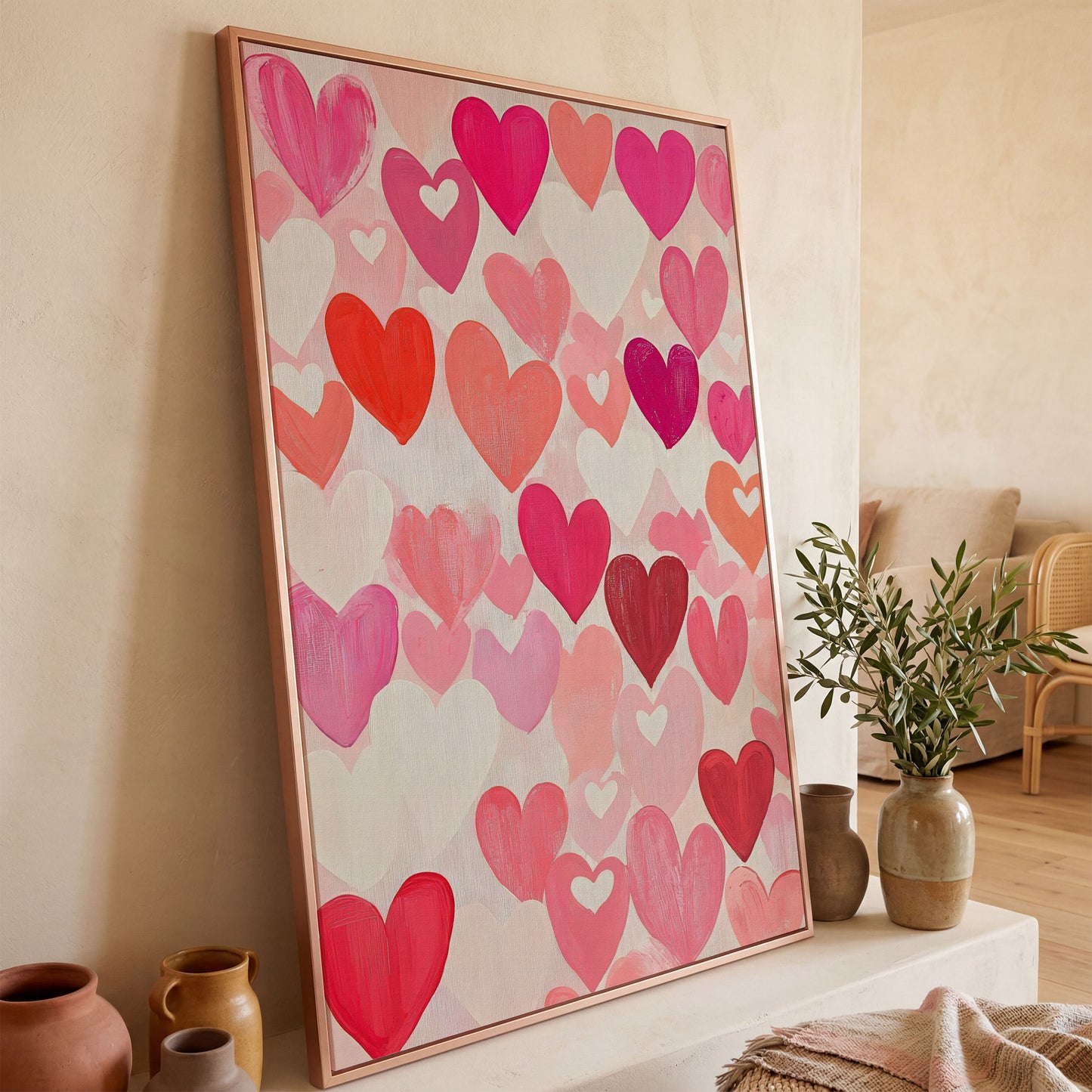 Pink Hearts Canvas - Romantic Wall Art for Bedrooms in rose gold floating frame