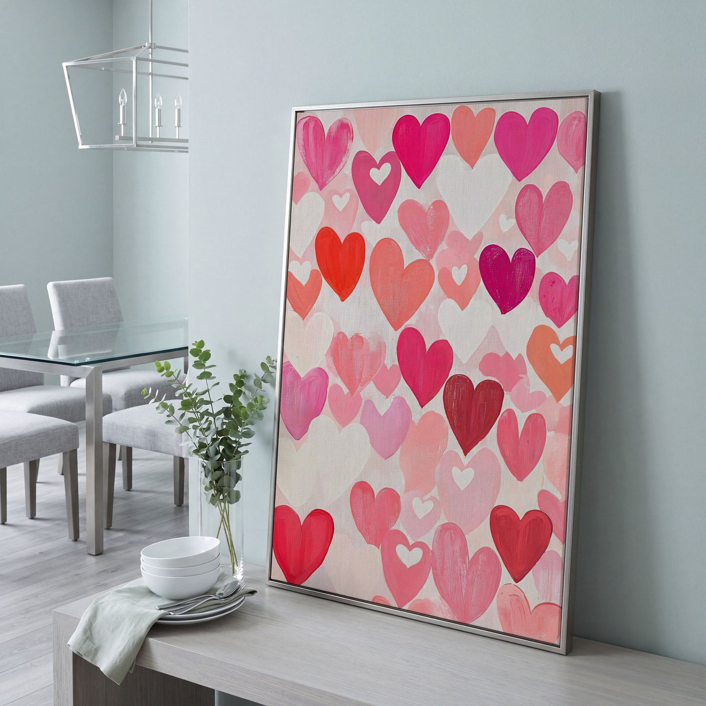 Pink Hearts Canvas - Romantic Wall Art for Bedrooms in silver floating frame