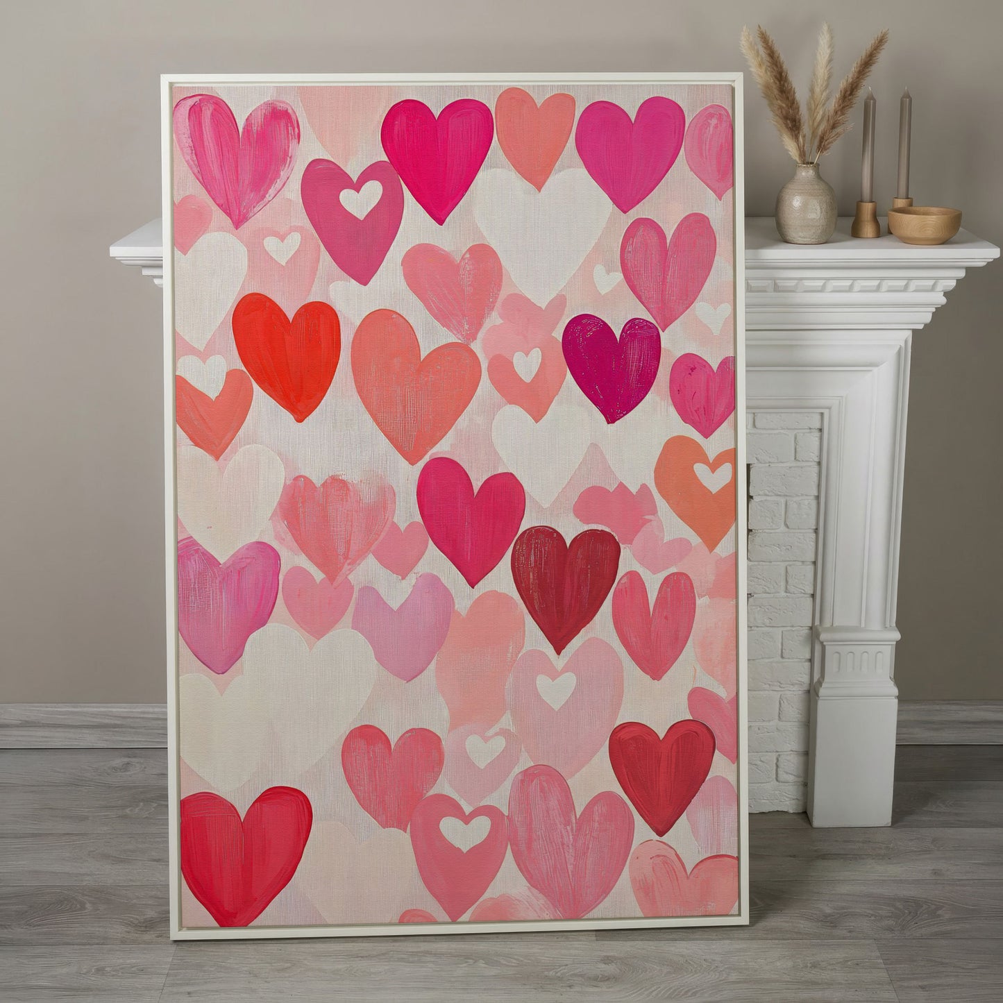 Pink Hearts Canvas - Romantic Wall Art for Bedrooms in white floating frame