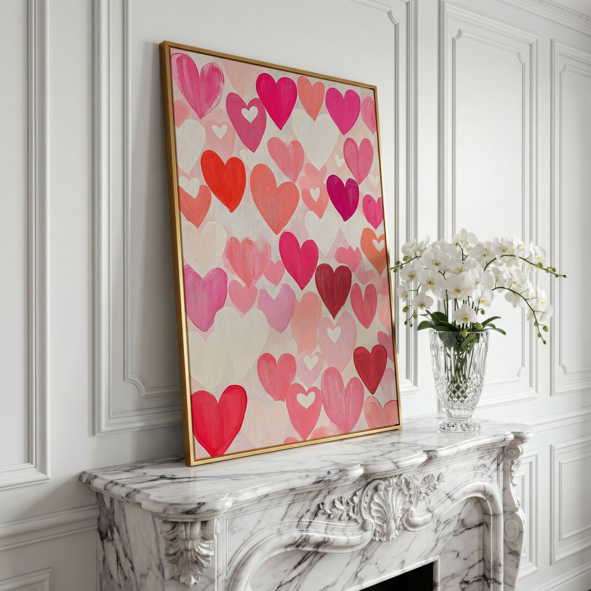 Pink Hearts Canvas - Romantic Wall Art for Bedrooms in yellow gold floating frame