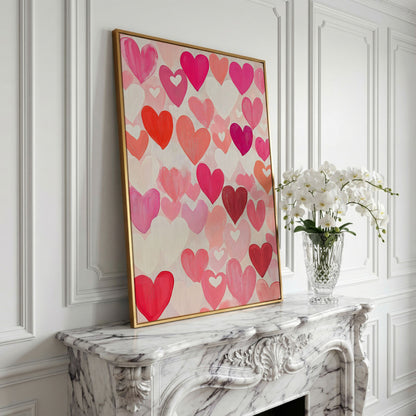 Pink Hearts Canvas - Romantic Wall Art for Bedrooms in yellow gold floating frame