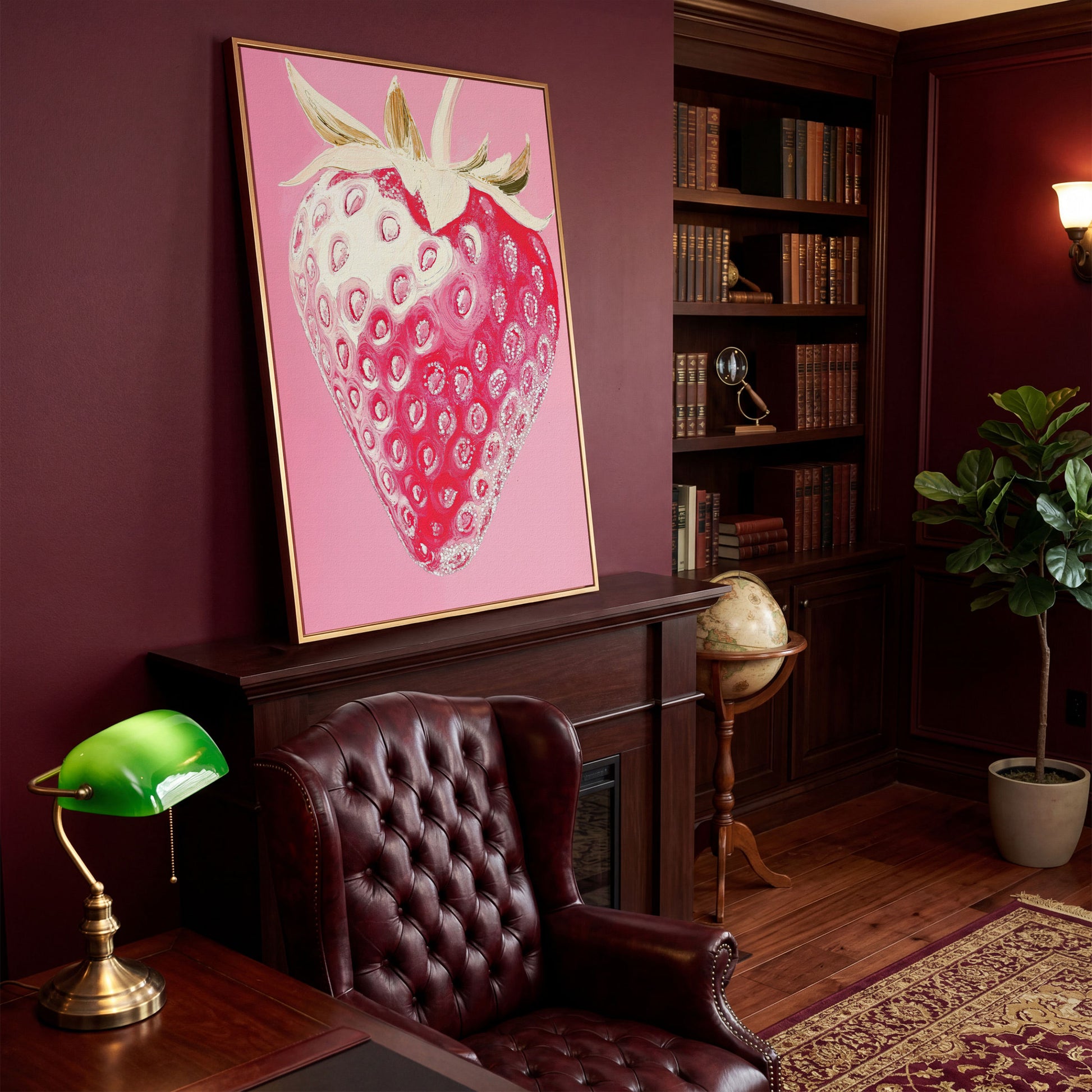 Pink Strawberry Canvas Print for Kitchen Walls in antique gold floating frame