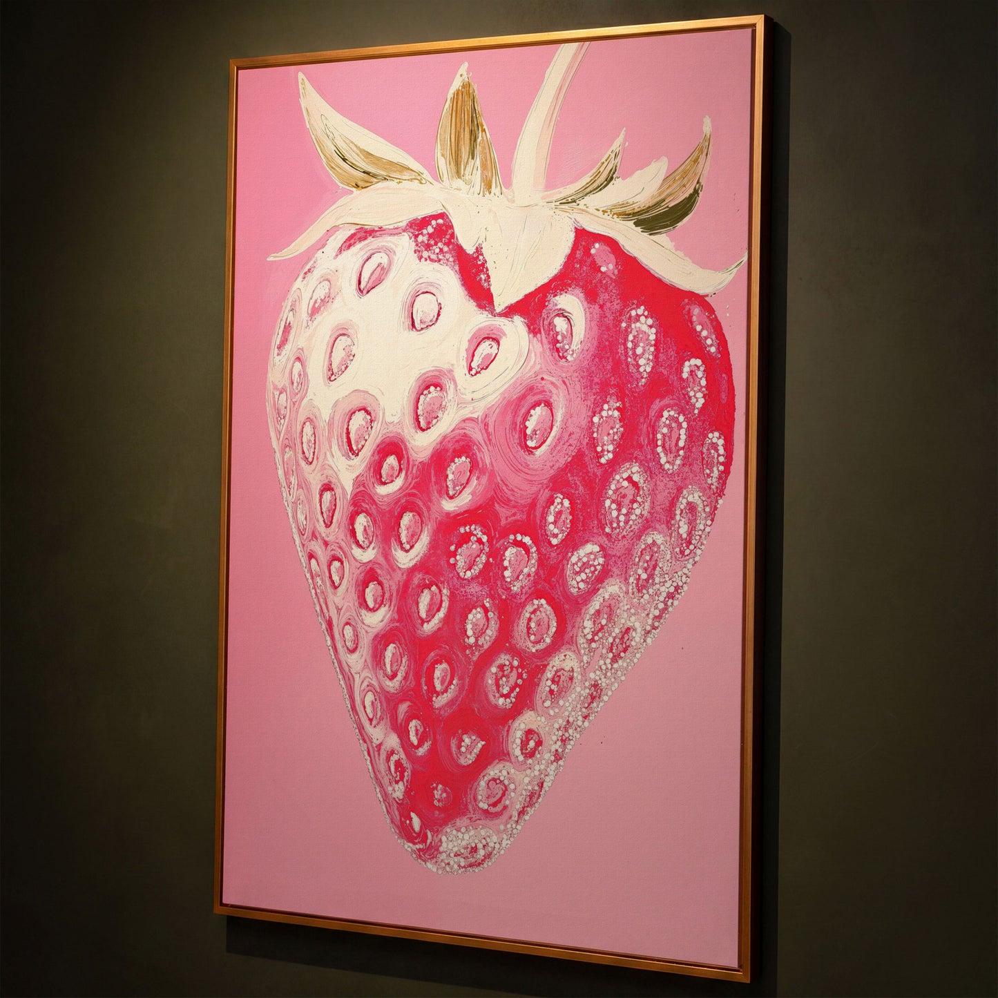 Pink Strawberry Canvas Print for Kitchen Walls shown in antique gold floating frame