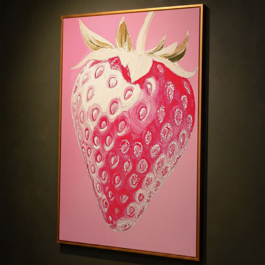 Pink Strawberry Canvas Print for Kitchen Walls shown in antique gold floating frame