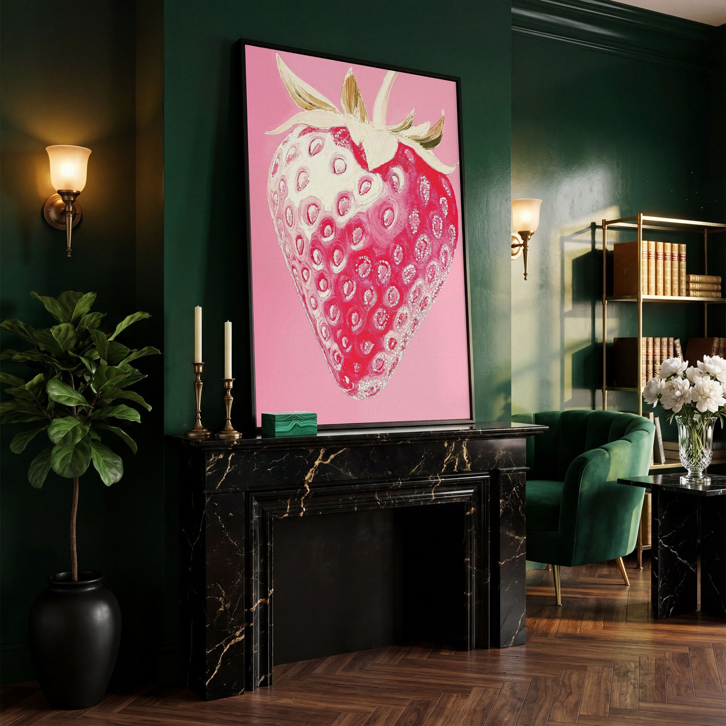 Pink Strawberry Canvas Print for Kitchen Walls in black floating frame