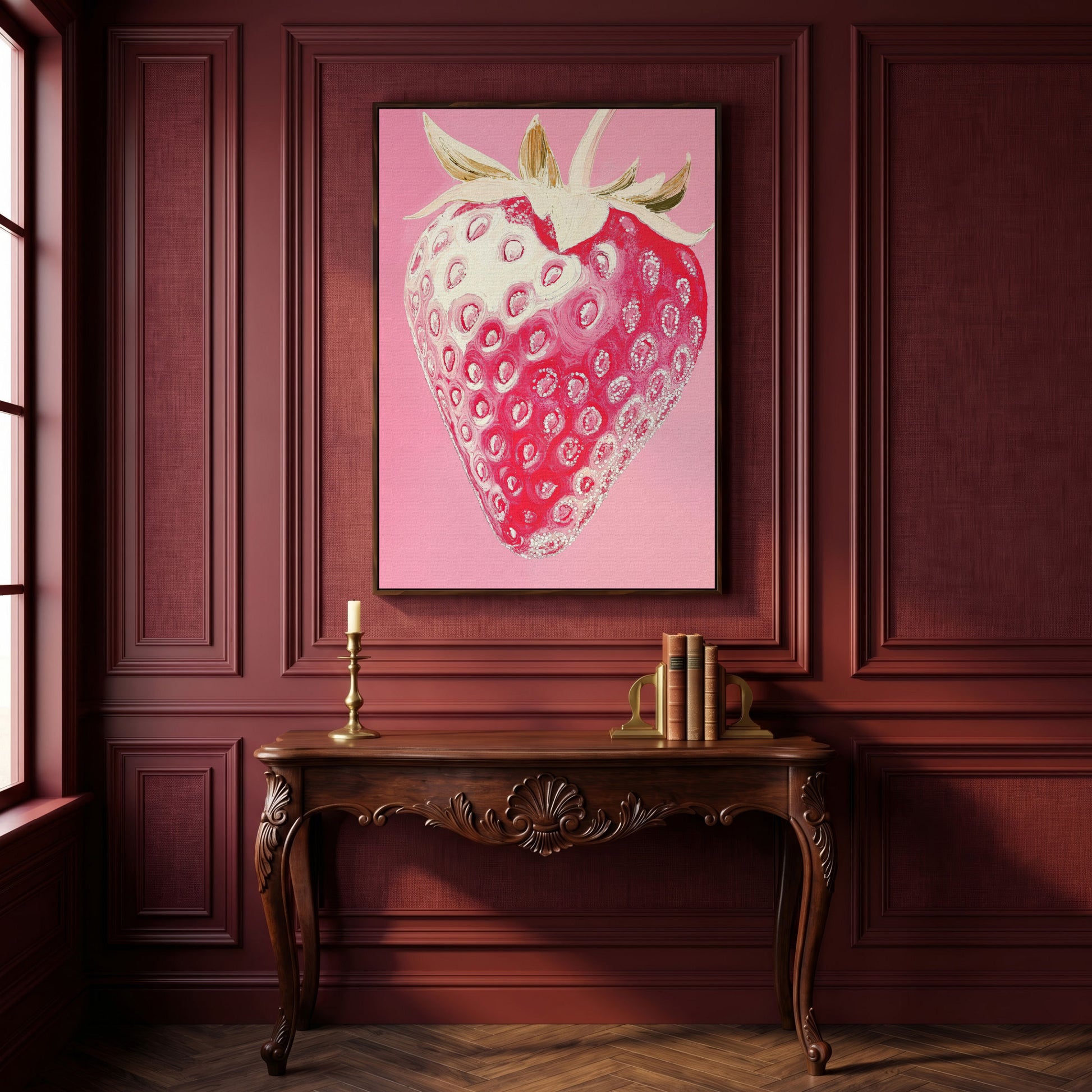 Pink Strawberry Canvas Print for Kitchen Walls in dark walnut floating frame