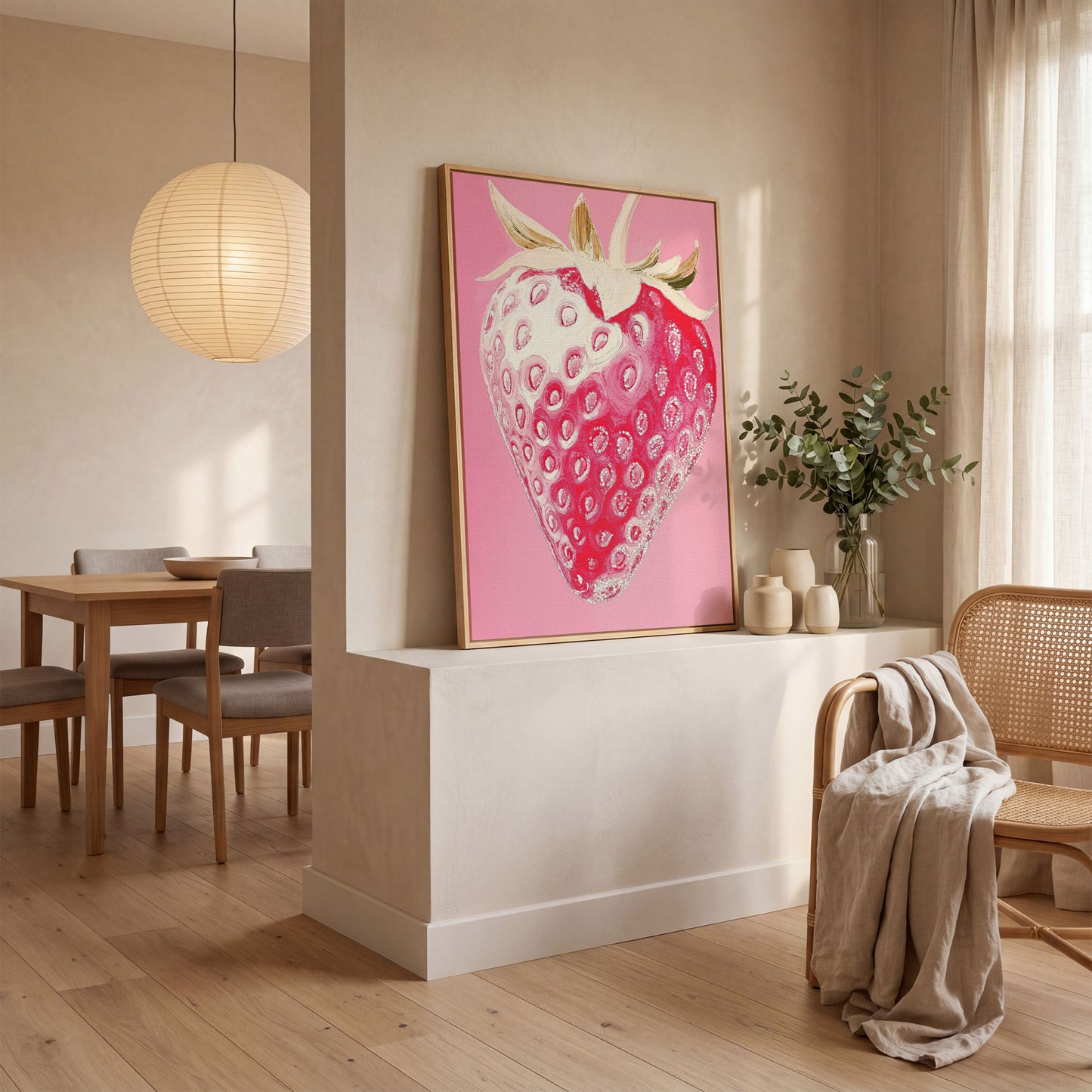 Pink Strawberry Canvas Print for Kitchen Walls in white oak floating frame