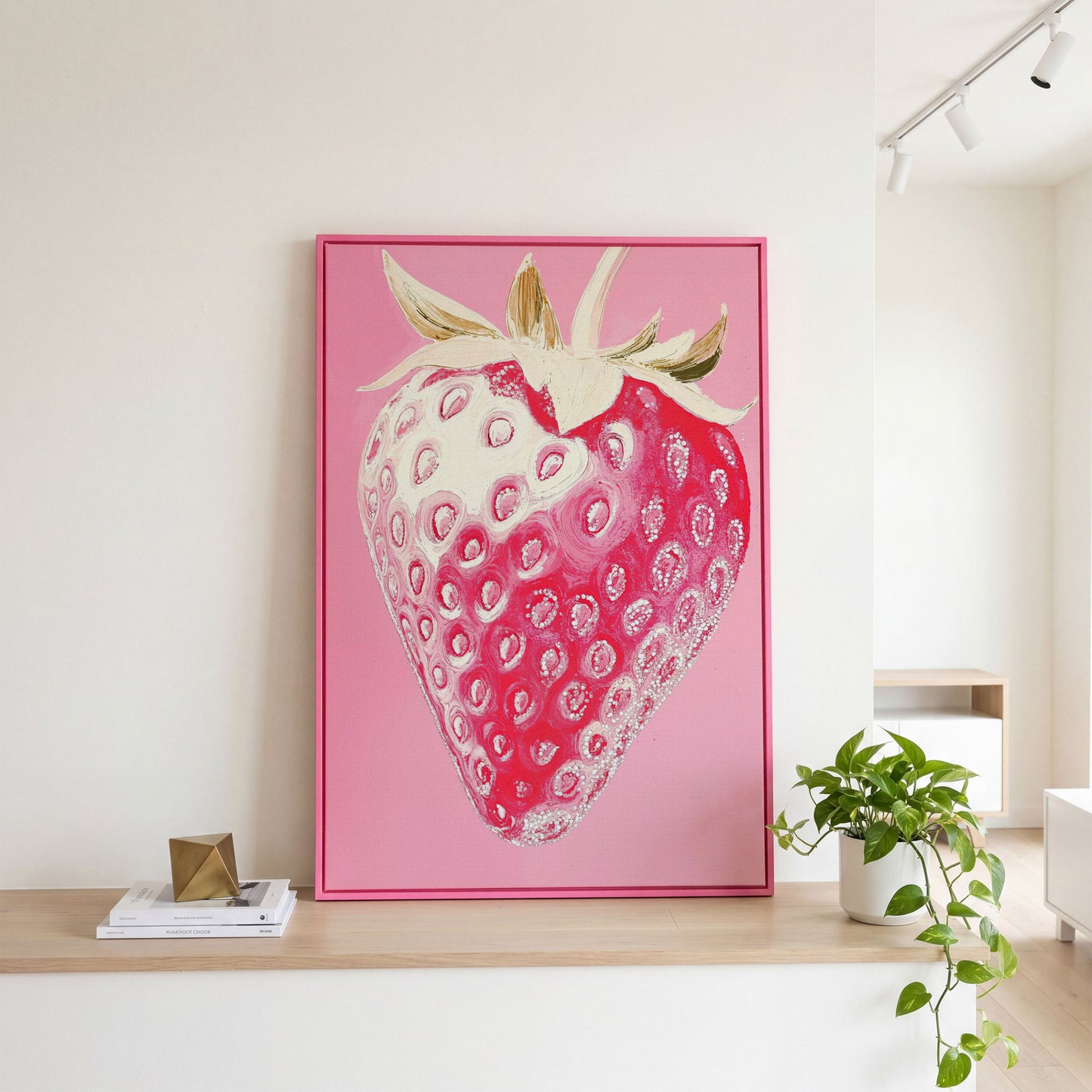 Pink Strawberry Canvas Print for Kitchen Walls in pink floating frame