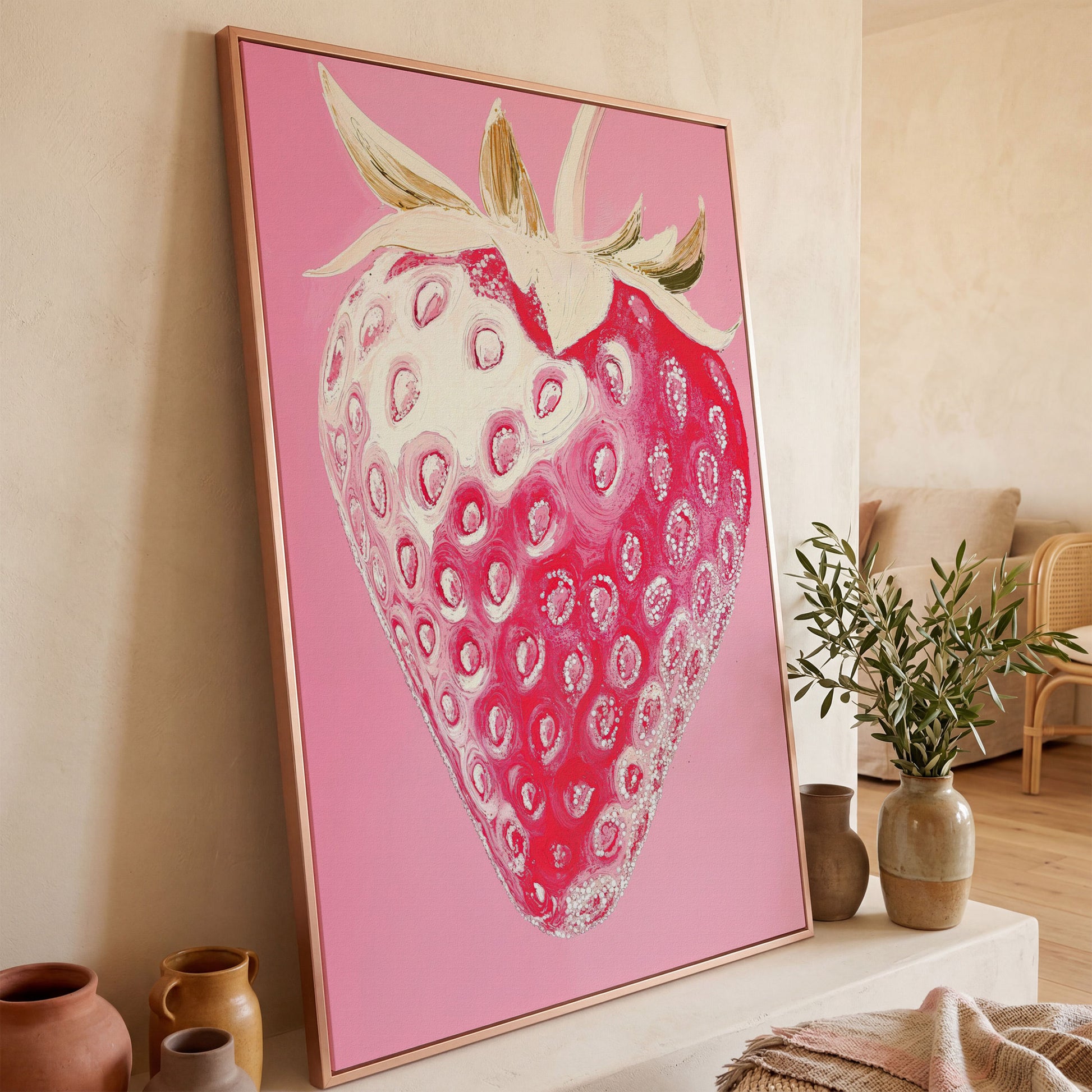 Pink Strawberry Canvas Print for Kitchen Walls in rose gold floating frame