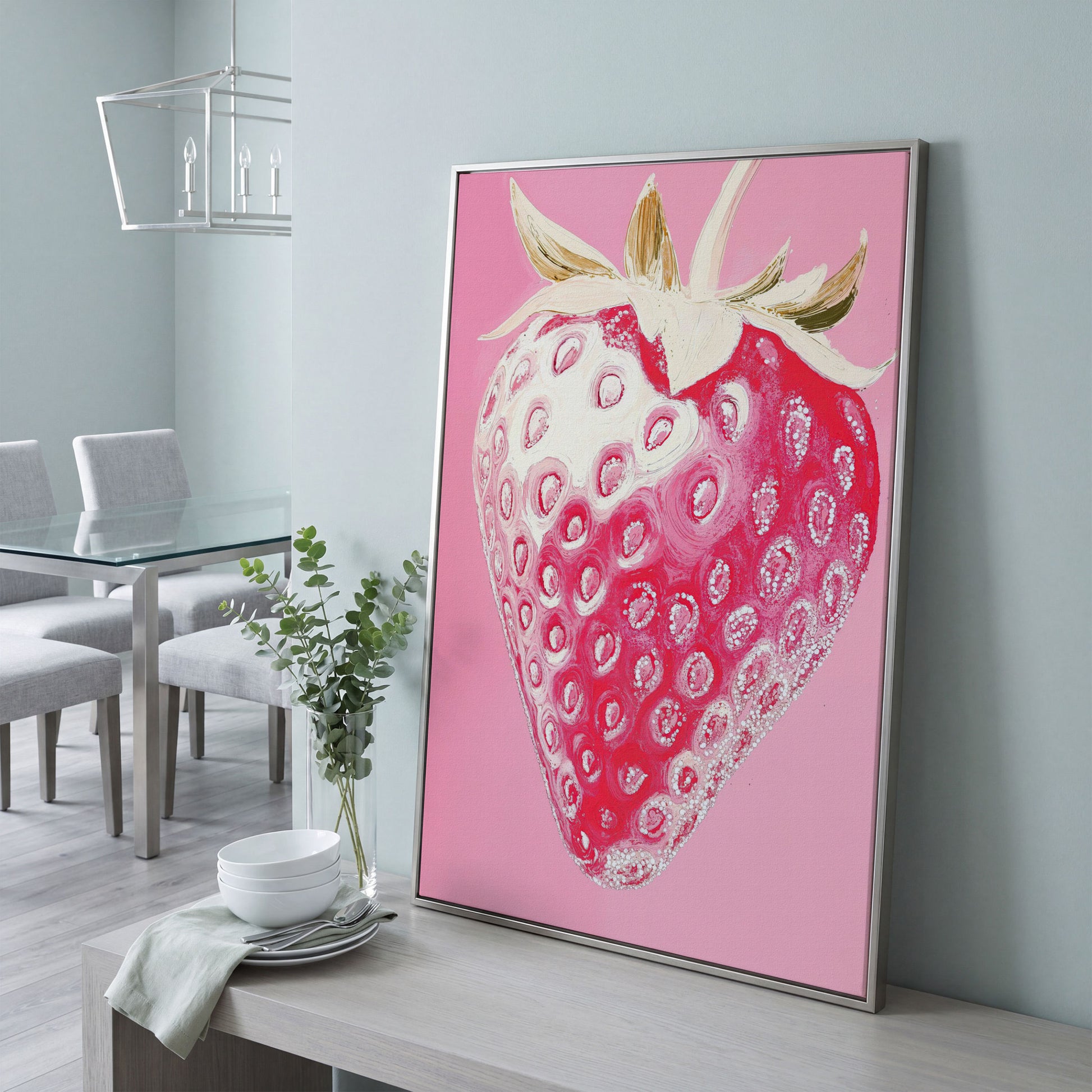 Pink Strawberry Canvas Print for Kitchen Walls in silver floating frame