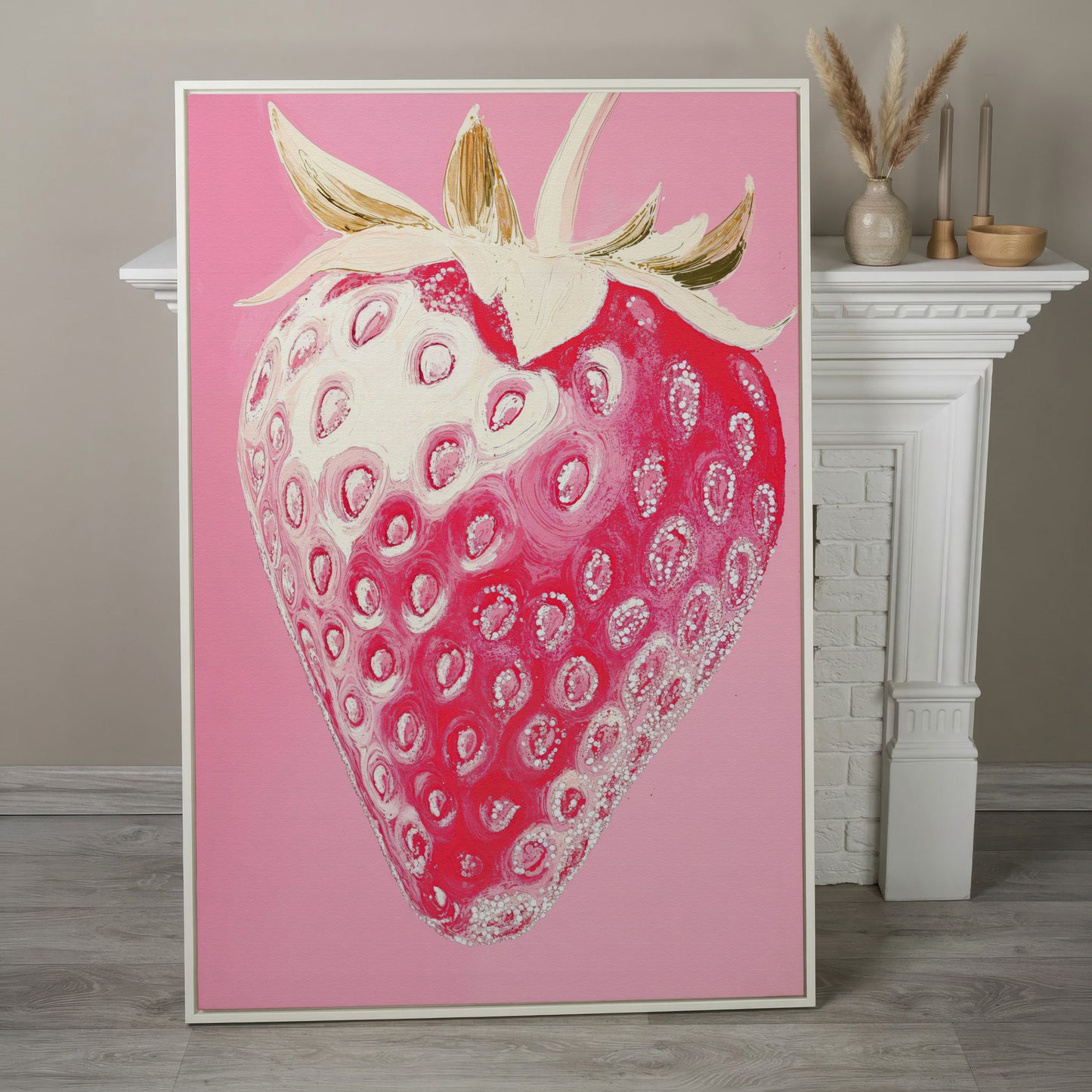Pink Strawberry Canvas Print for Kitchen Walls in white floating frame
