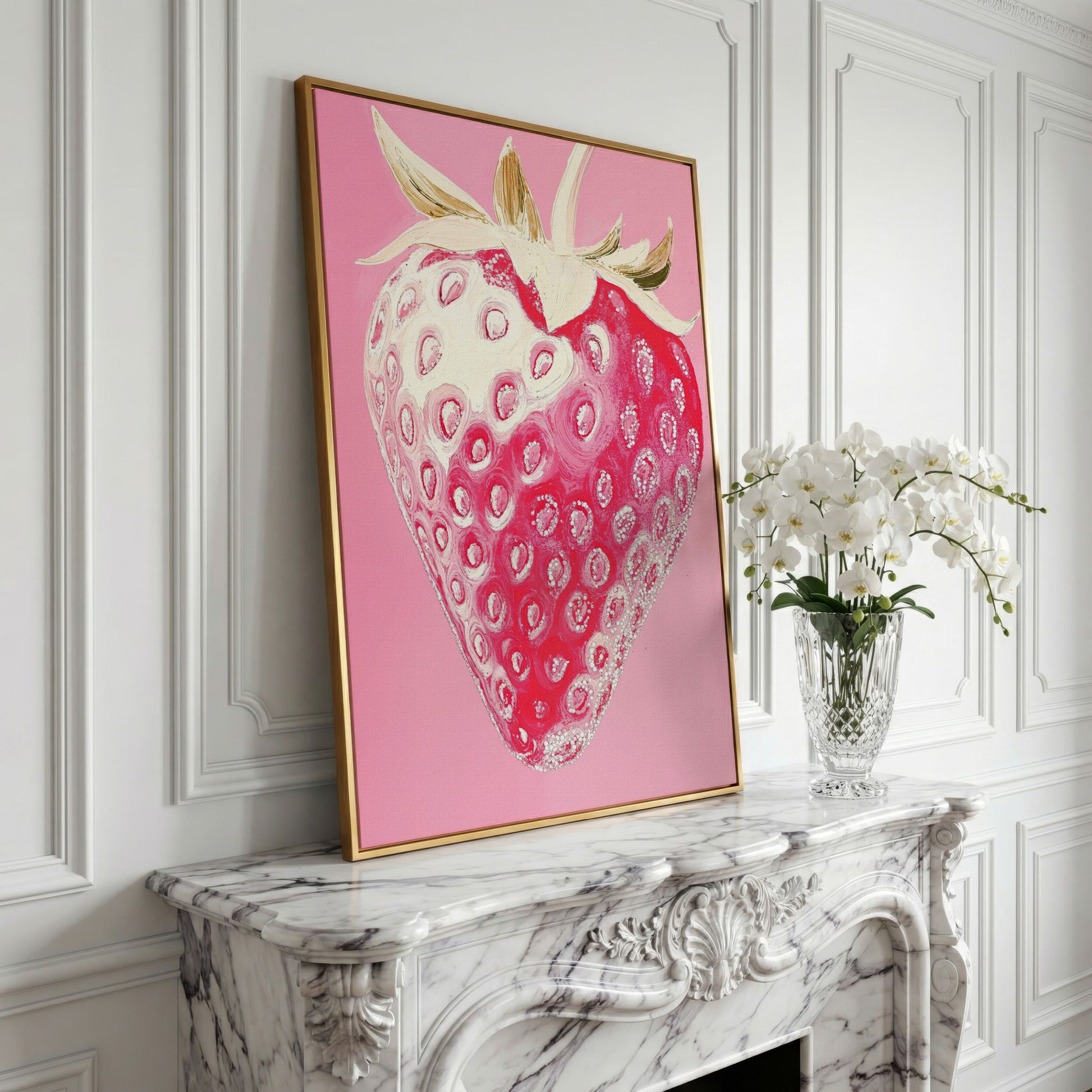 Pink Strawberry Canvas Print for Kitchen Walls in yellow gold floating frame