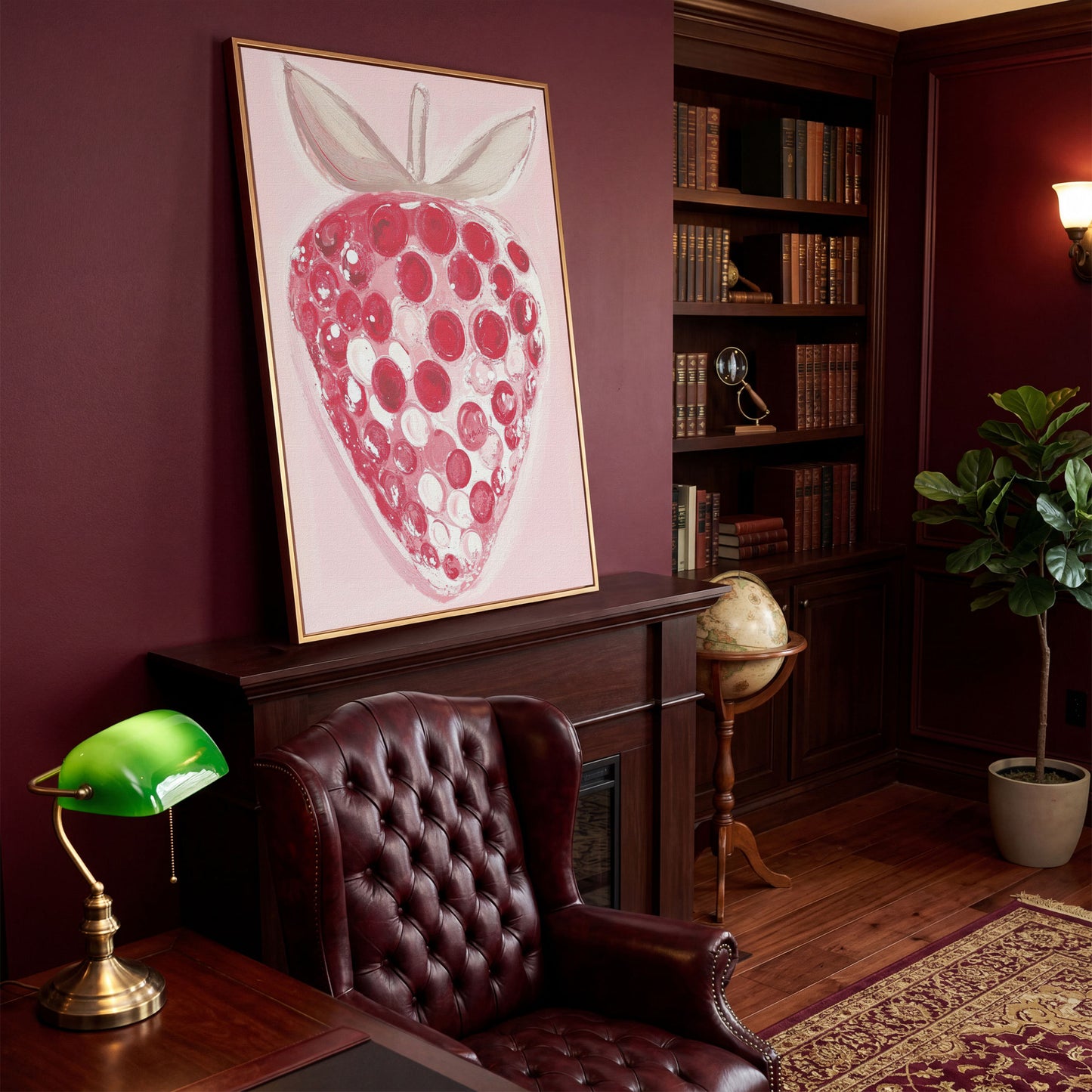 Modern Pink Strawberry Canvas Print in antique gold floating frame
