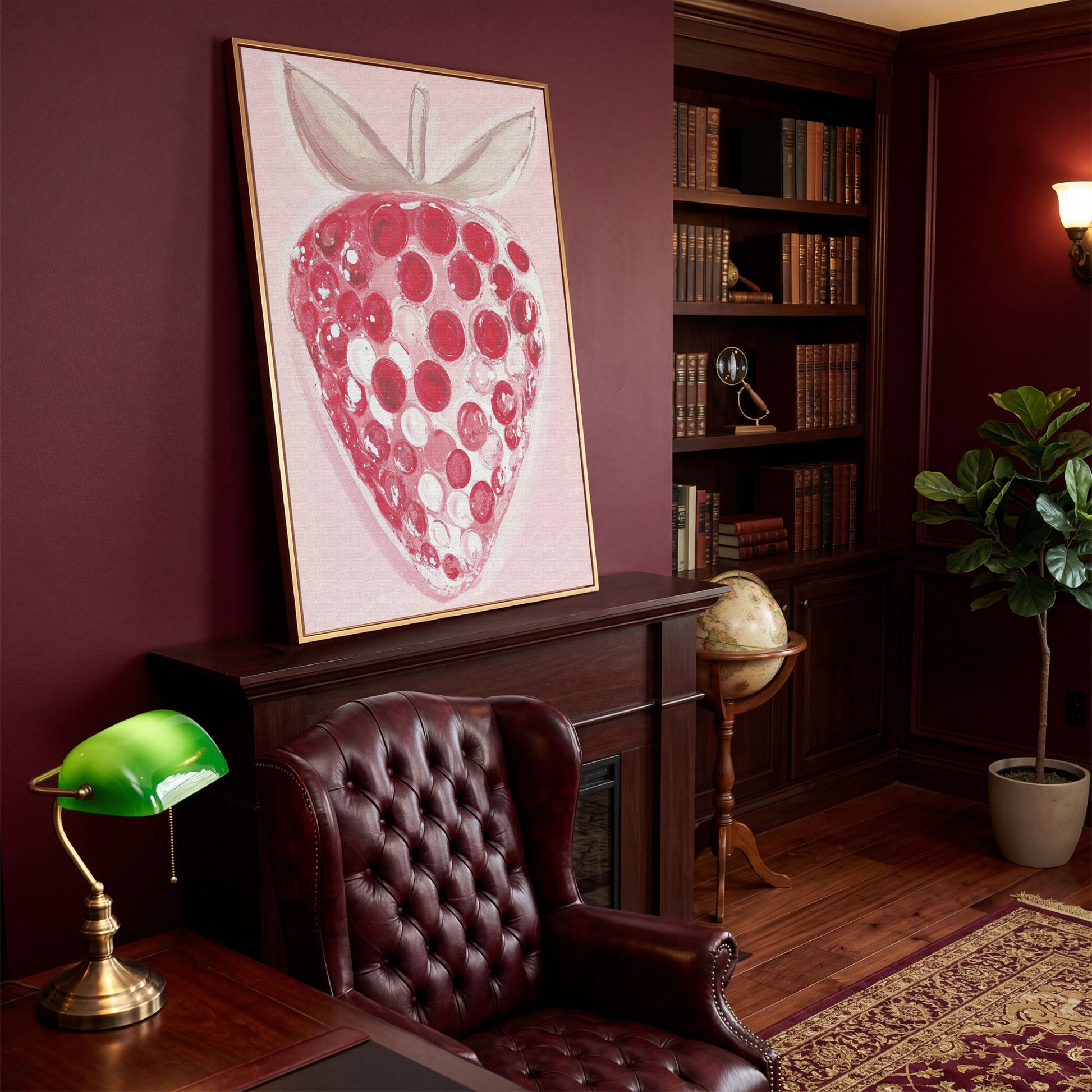 Modern Pink Strawberry Canvas Print in antique gold floating frame