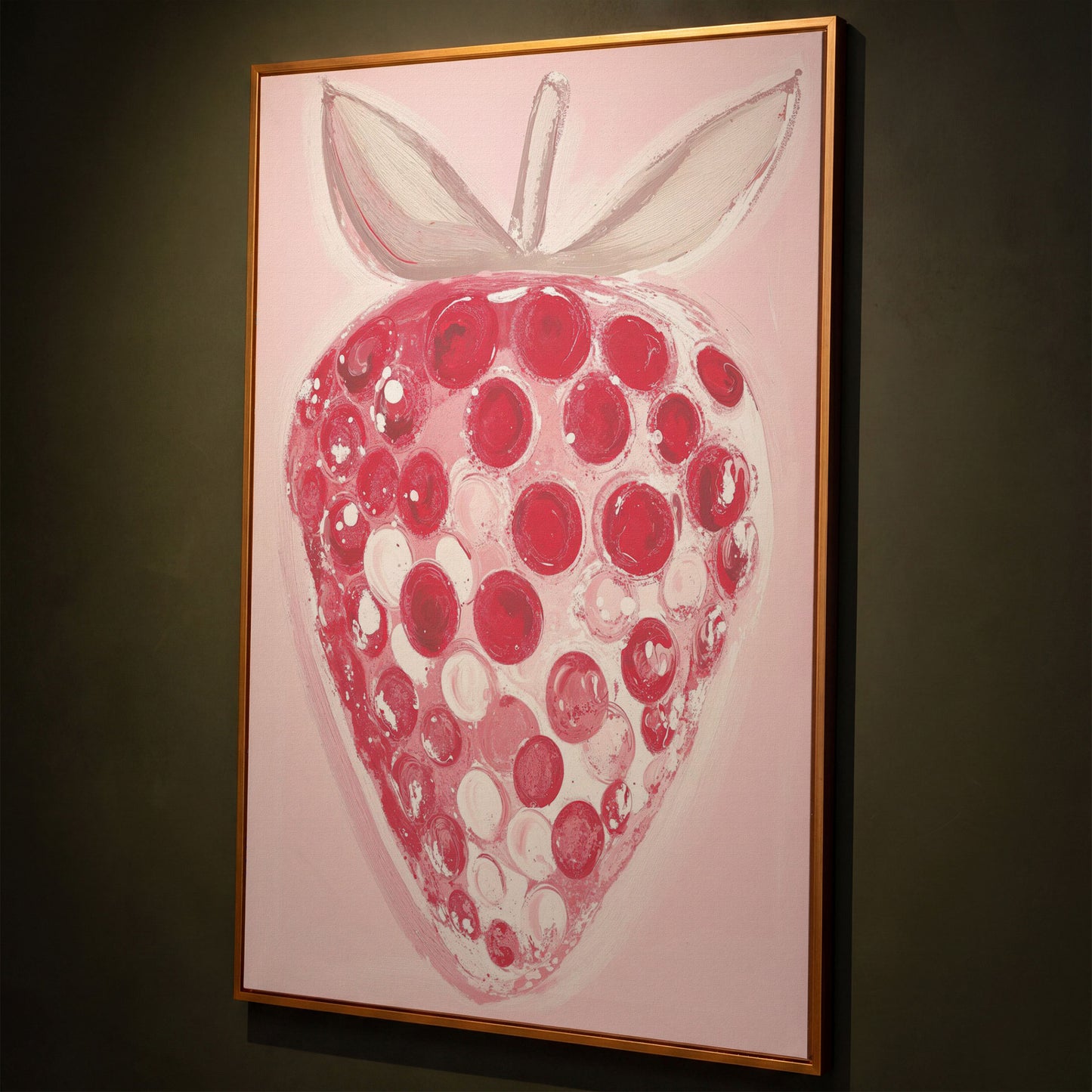 Modern Pink Strawberry Canvas Print shown in antique gold floating frame