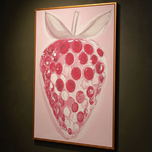 Modern Pink Strawberry Canvas Print shown in antique gold floating frame