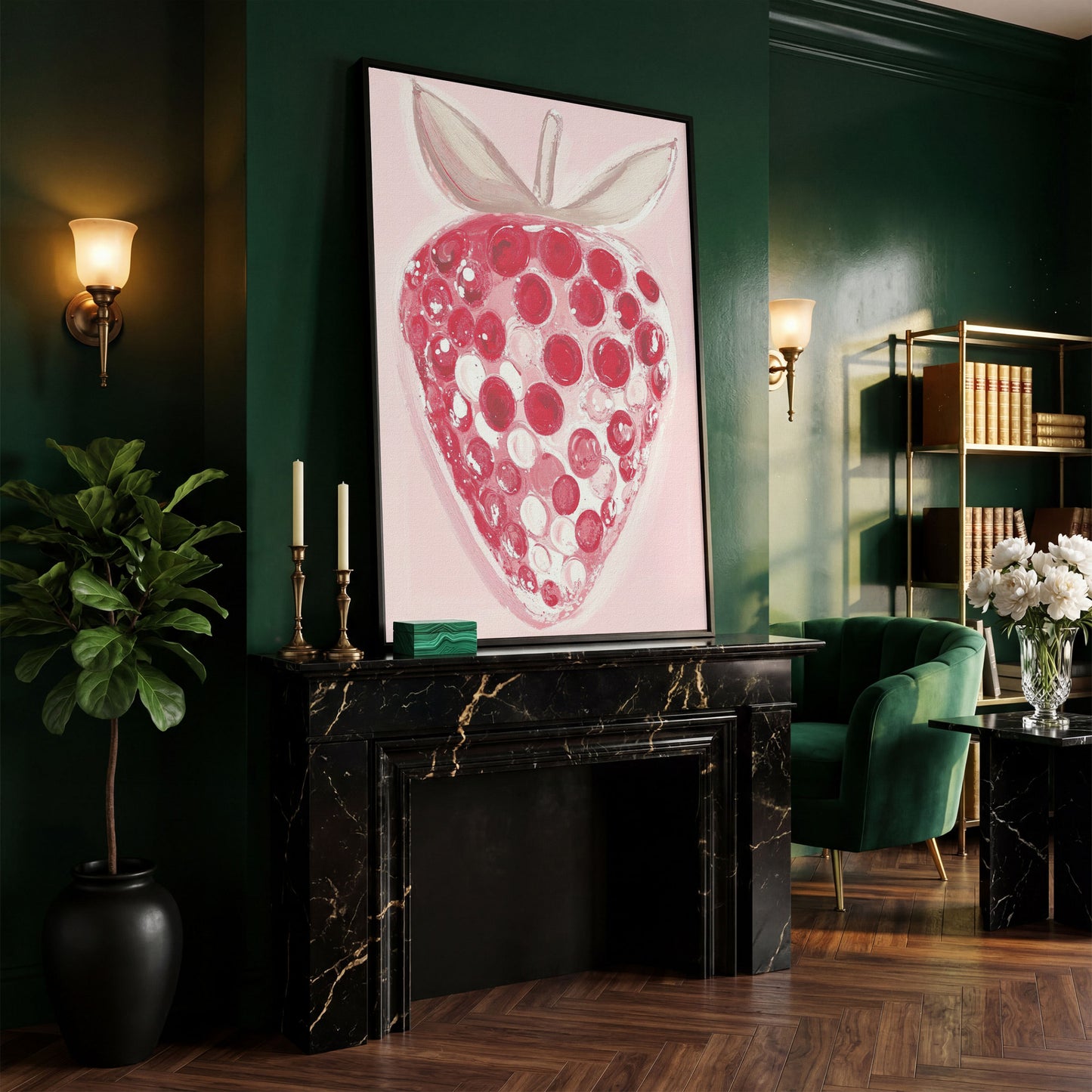 Modern Pink Strawberry Canvas Print in black floating frame