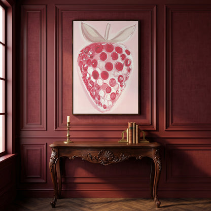 Modern Pink Strawberry Canvas Print in dark walnut floating frame