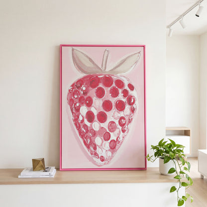 Modern Pink Strawberry Canvas Print in pink floating frame