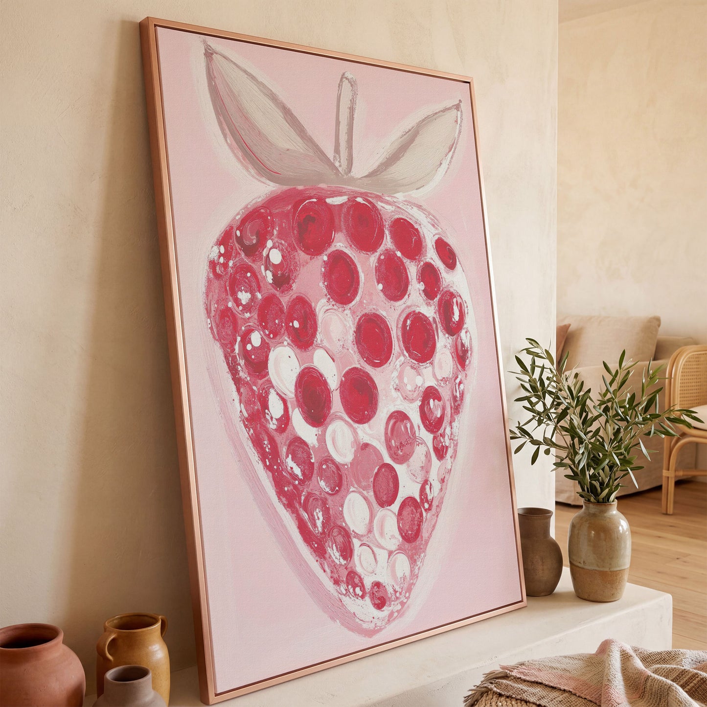 Modern Pink Strawberry Canvas Print in rose gold floating frame