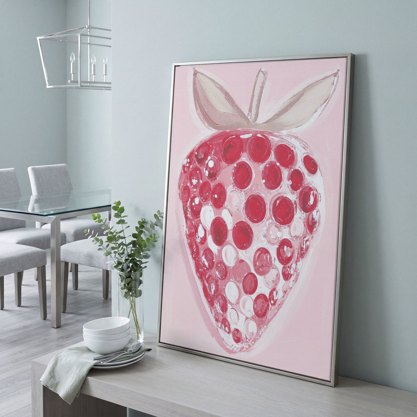 Modern Pink Strawberry Canvas Print in silver floating frame