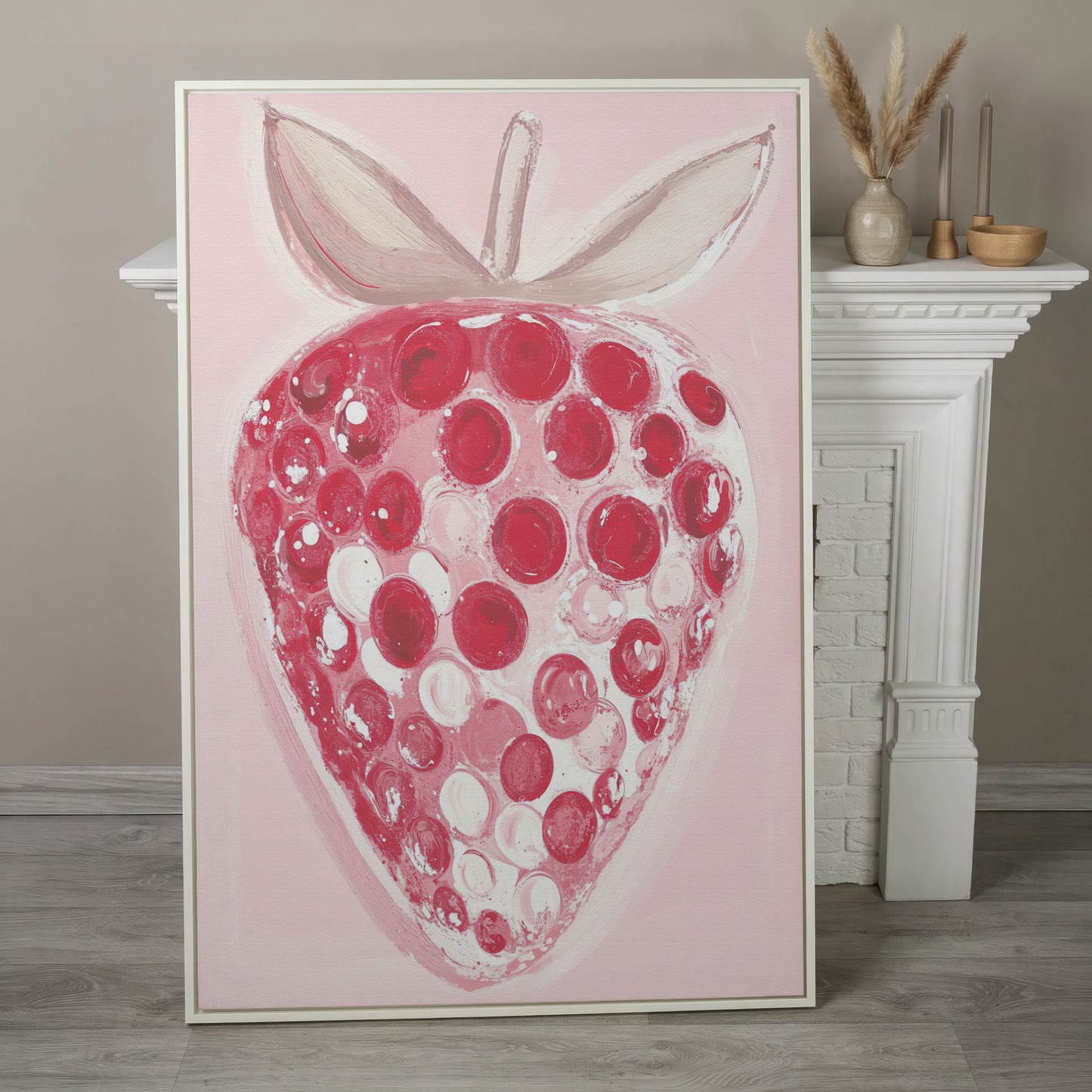 Modern Pink Strawberry Canvas Print in white floating frame