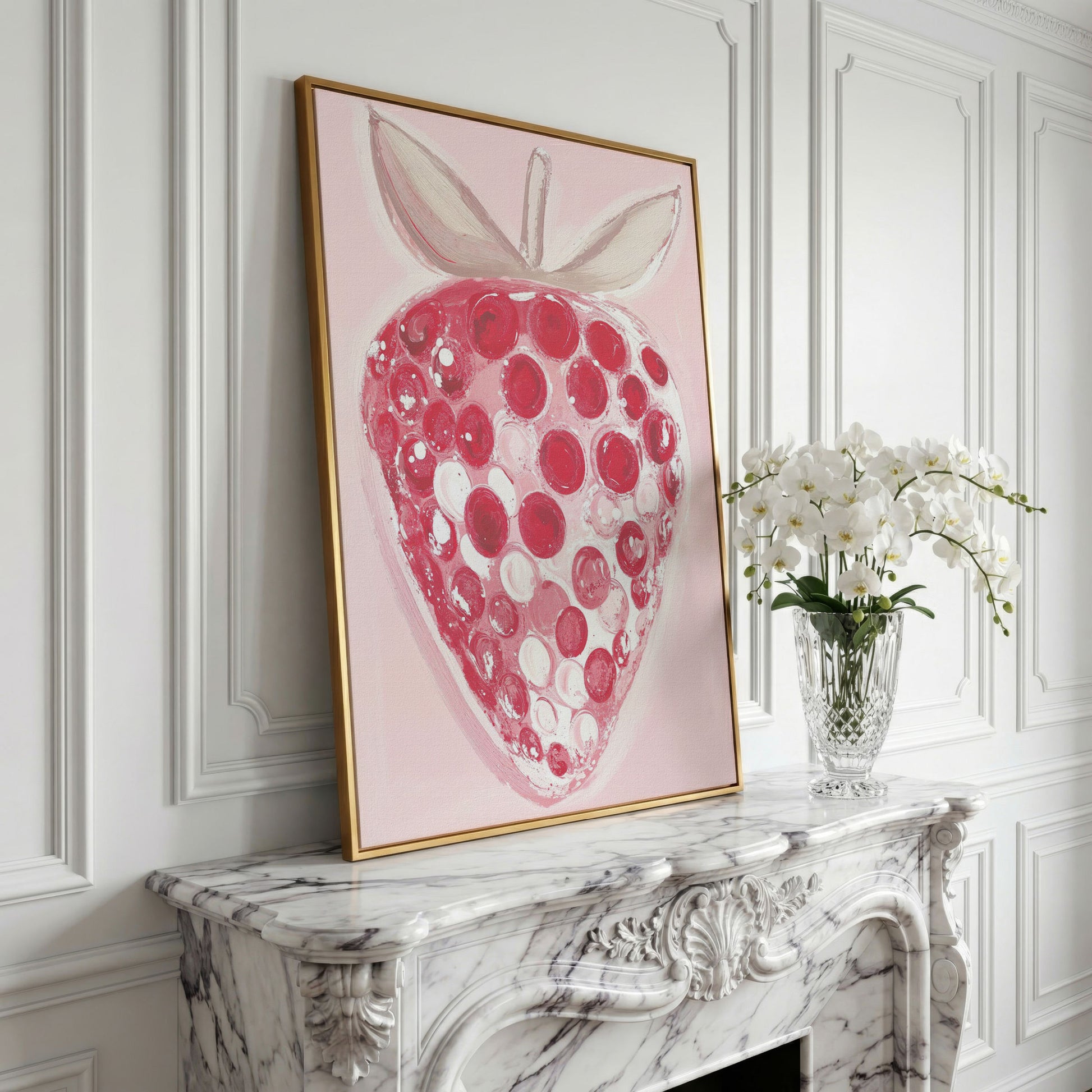 Modern Pink Strawberry Canvas Print in yellow gold floating frame