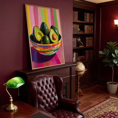 Avocado in a Striped Bowl Canvas Art in antique gold floating frame