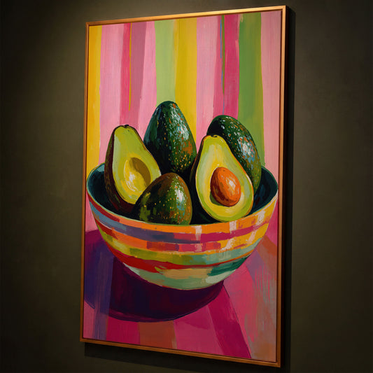 Avocado in a Striped Bowl Canvas Art shown in antique gold floating frame