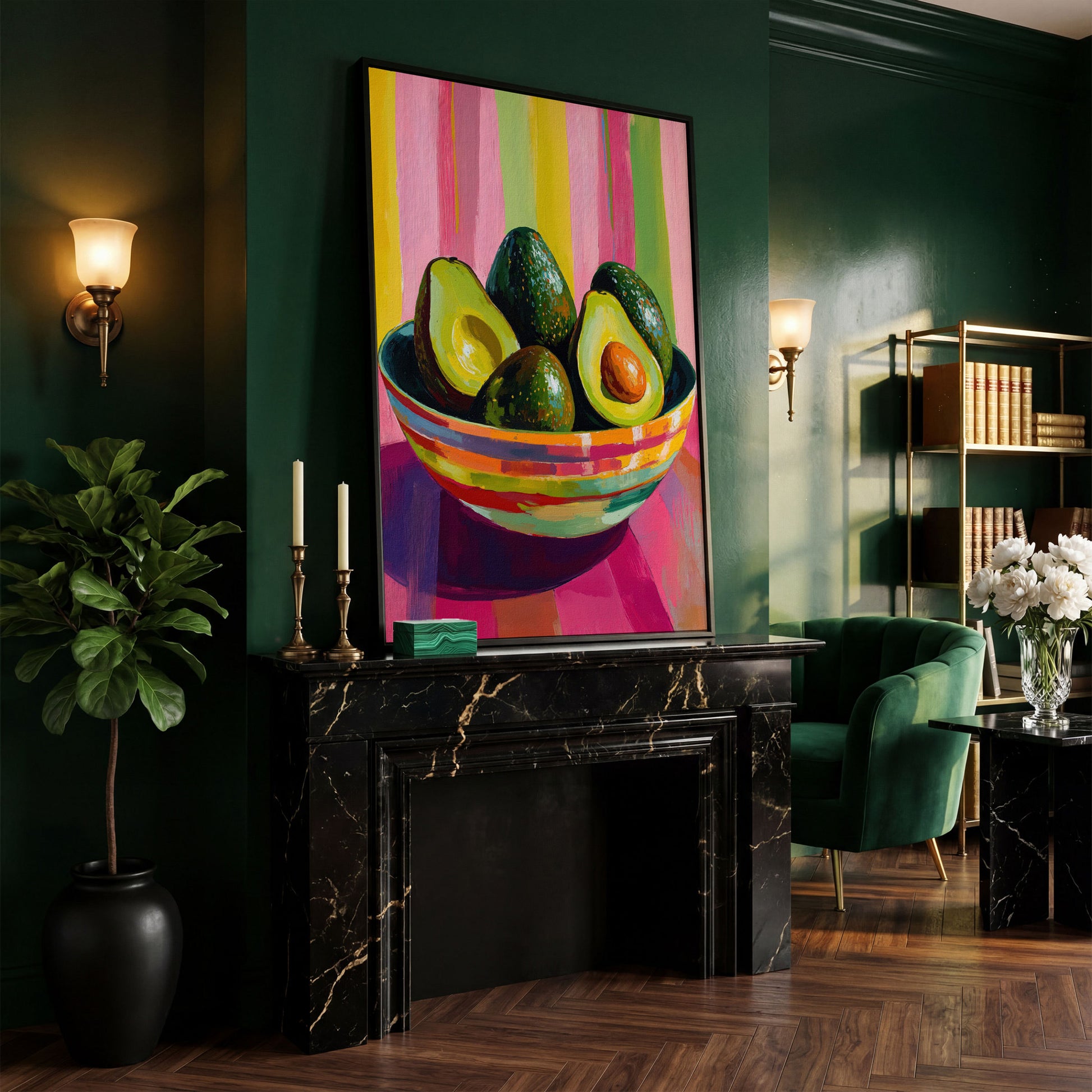 Avocado in a Striped Bowl Canvas Art in black floating frame