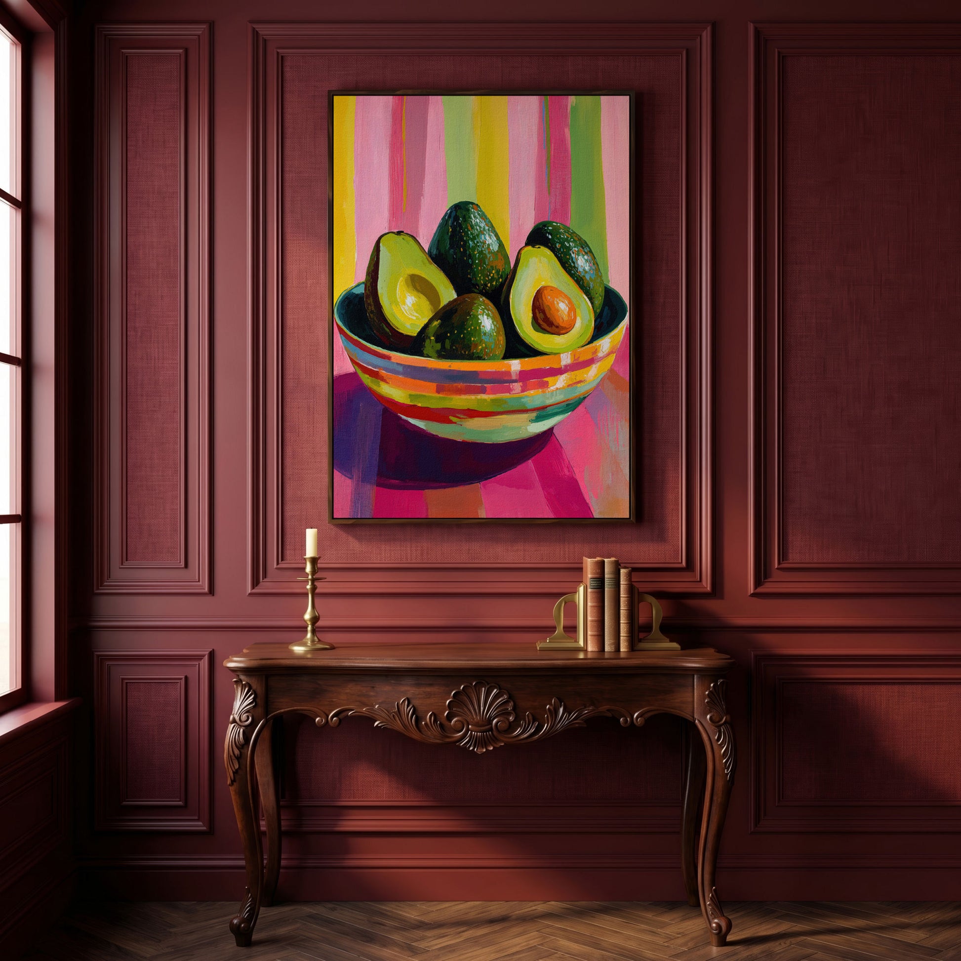 Avocado in a Striped Bowl Canvas Art in dark walnut floating frame