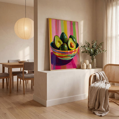 Avocado in a Striped Bowl Canvas Art in white oak floating frame