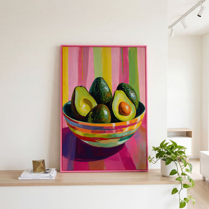 Avocado in a Striped Bowl Canvas Art in pink floating frame
