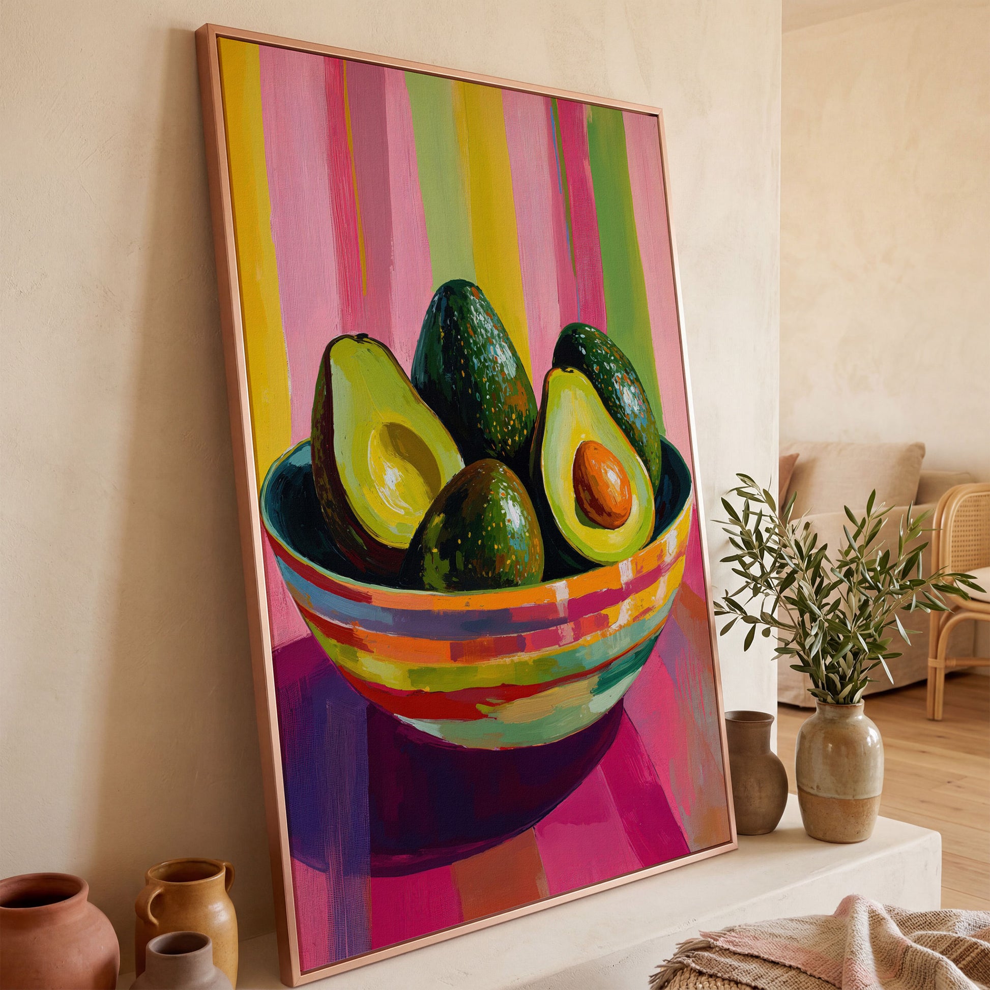 Avocado in a Striped Bowl Canvas Art in rose gold floating frame