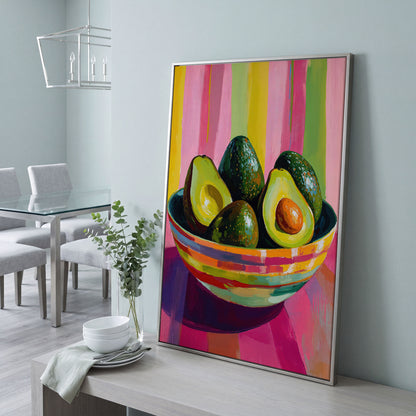 Avocado in a Striped Bowl Canvas Art in silver floating frame