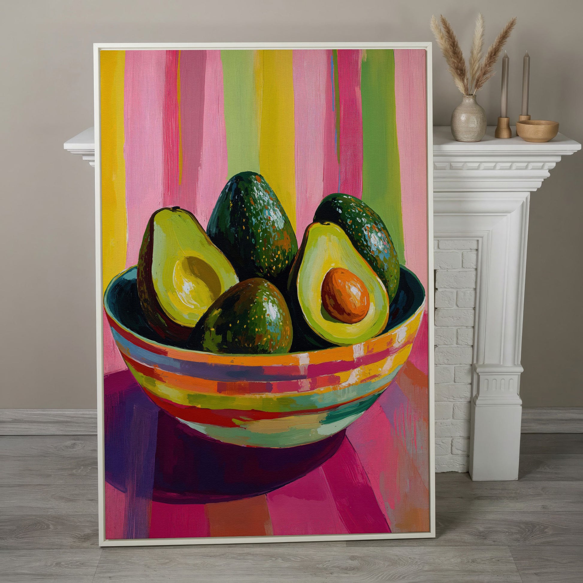 Avocado in a Striped Bowl Canvas Art in white floating frame