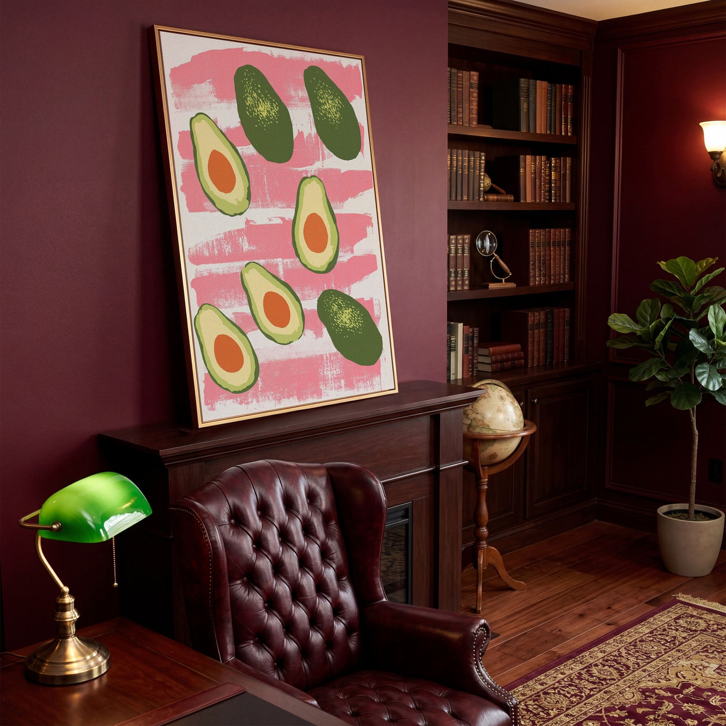 Scattered Avocados Canvas. Pink and Green Modern Print in antique gold floating frame
