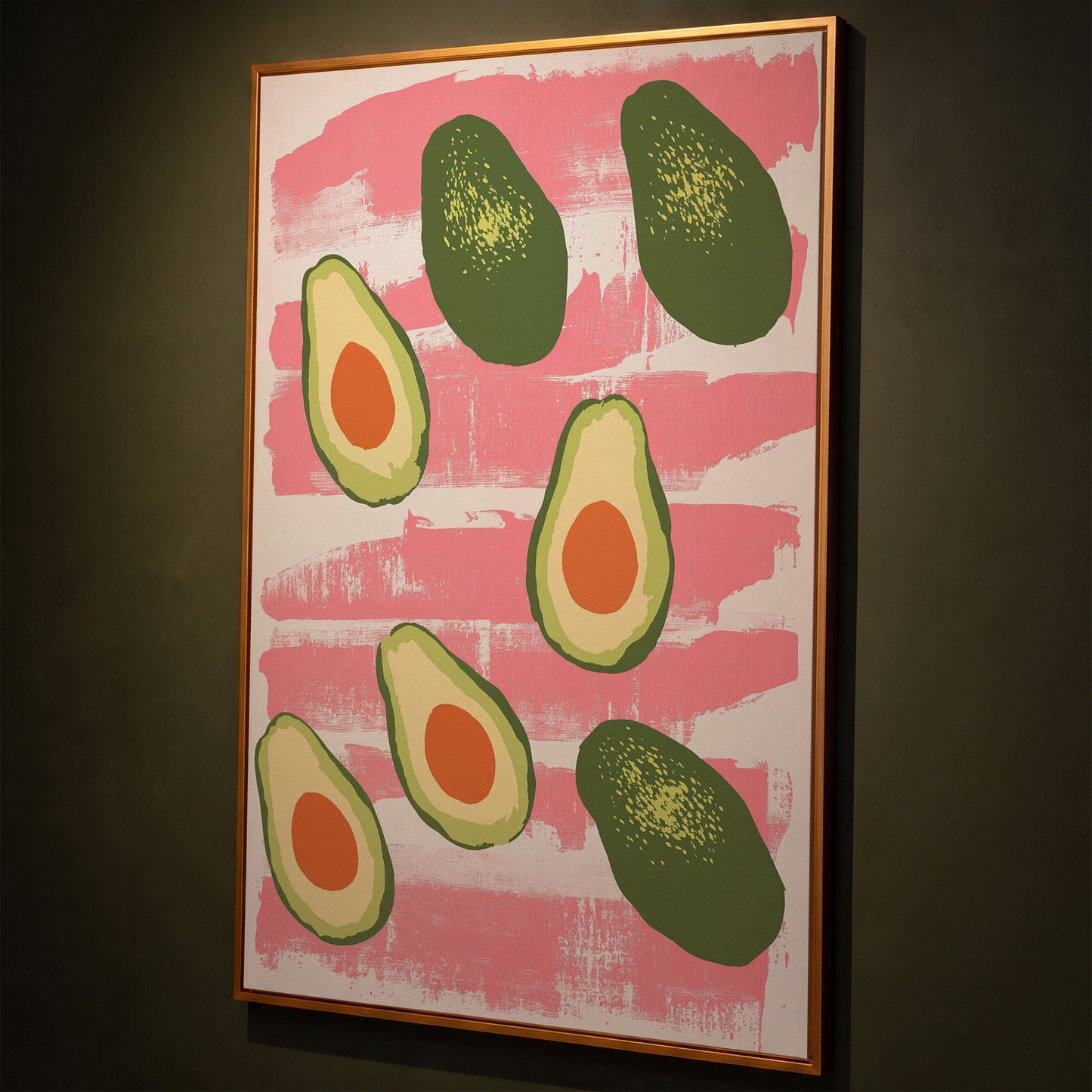 Scattered Avocados Canvas. Pink and Green Modern Print shown in antique gold floating frame
