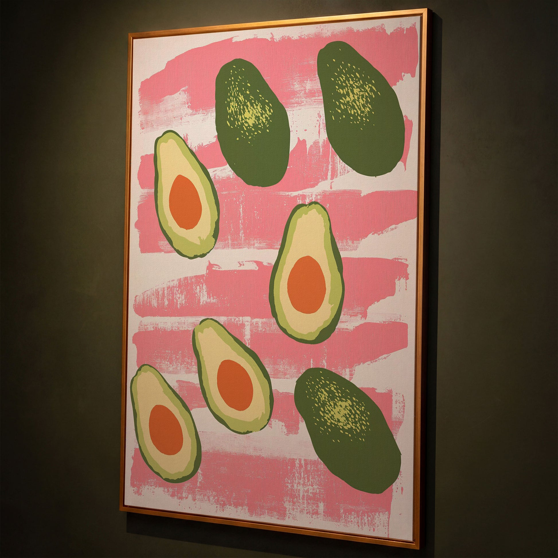 Scattered Avocados Canvas. Pink and Green Modern Print shown in antique gold floating frame