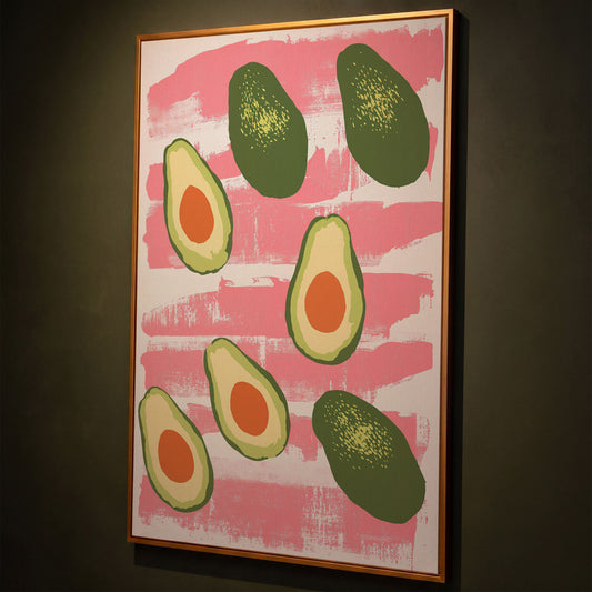 Scattered Avocados Canvas. Pink and Green Modern Print shown in antique gold floating frame