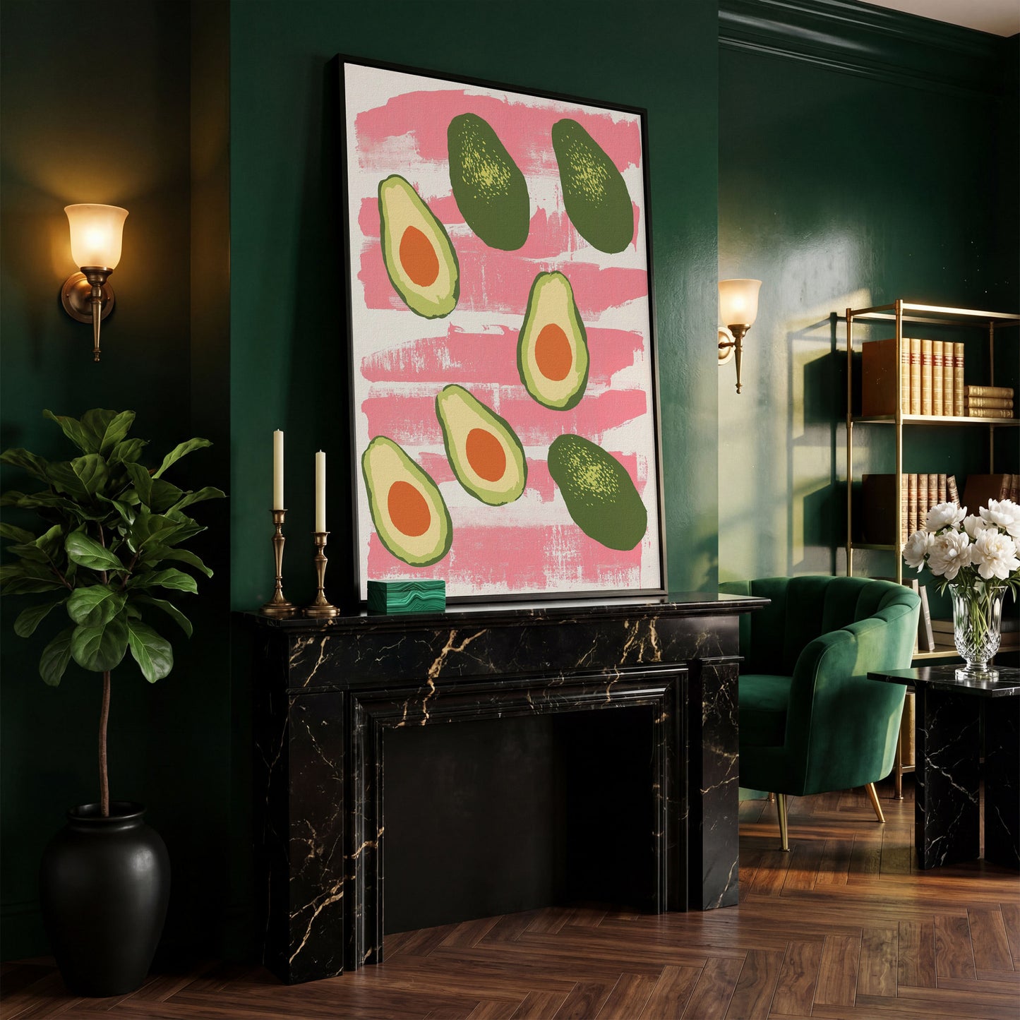 Scattered Avocados Canvas. Pink and Green Modern Print in black floating frame