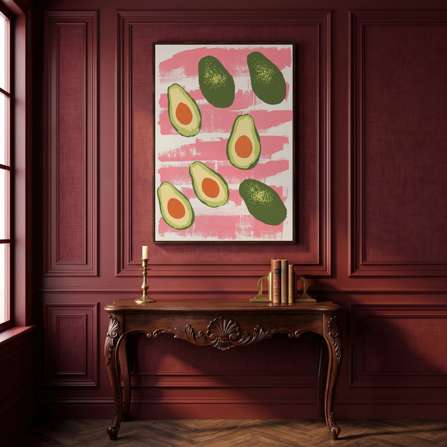 Scattered Avocados Canvas. Pink and Green Modern Print in dark walnut floating frame