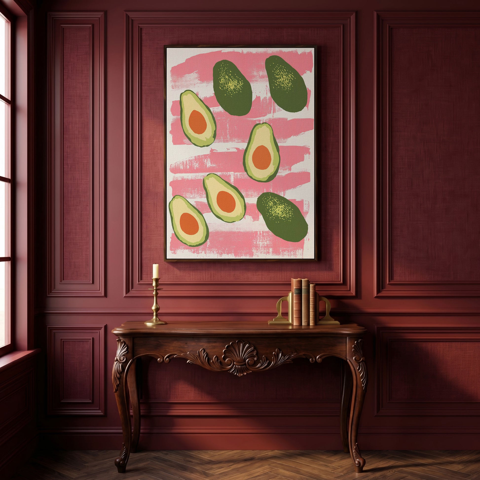 Scattered Avocados Canvas. Pink and Green Modern Print in dark walnut floating frame