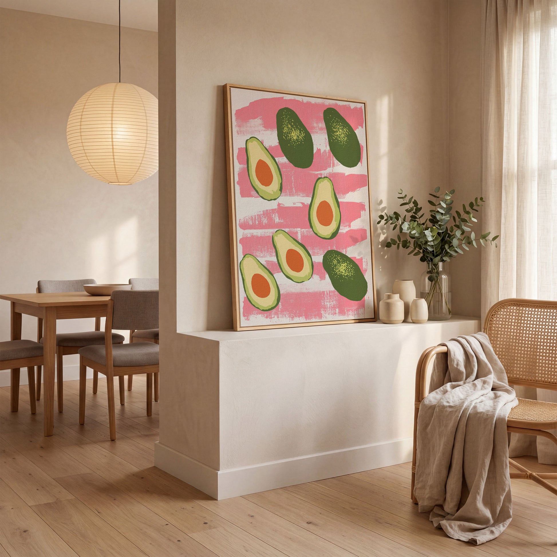 Scattered Avocados Canvas. Pink and Green Modern Print in white oak floating frame